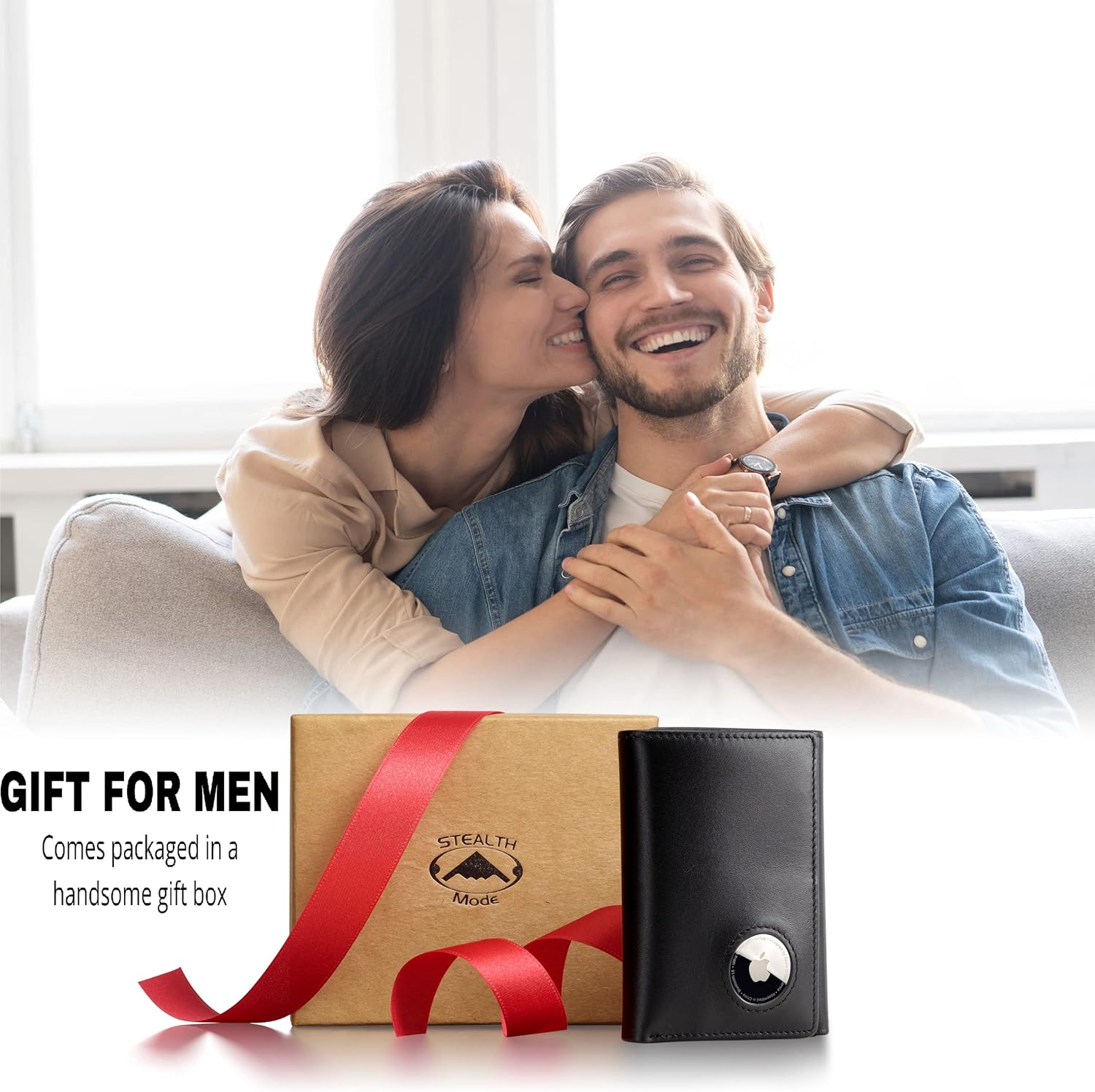 Stealth Mode Men's Leather Trifold Wallet with Airtag Holder and RFID Blocking (Black) - Image 6