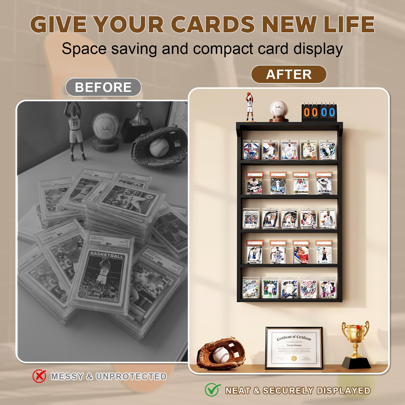 Espositore per carte collezionabili da parete, 5 ripiani, grande, in legno, con ripiano superiore, espositore per carte sportive, collezione di carte da baseball, basket, calcio (nero)