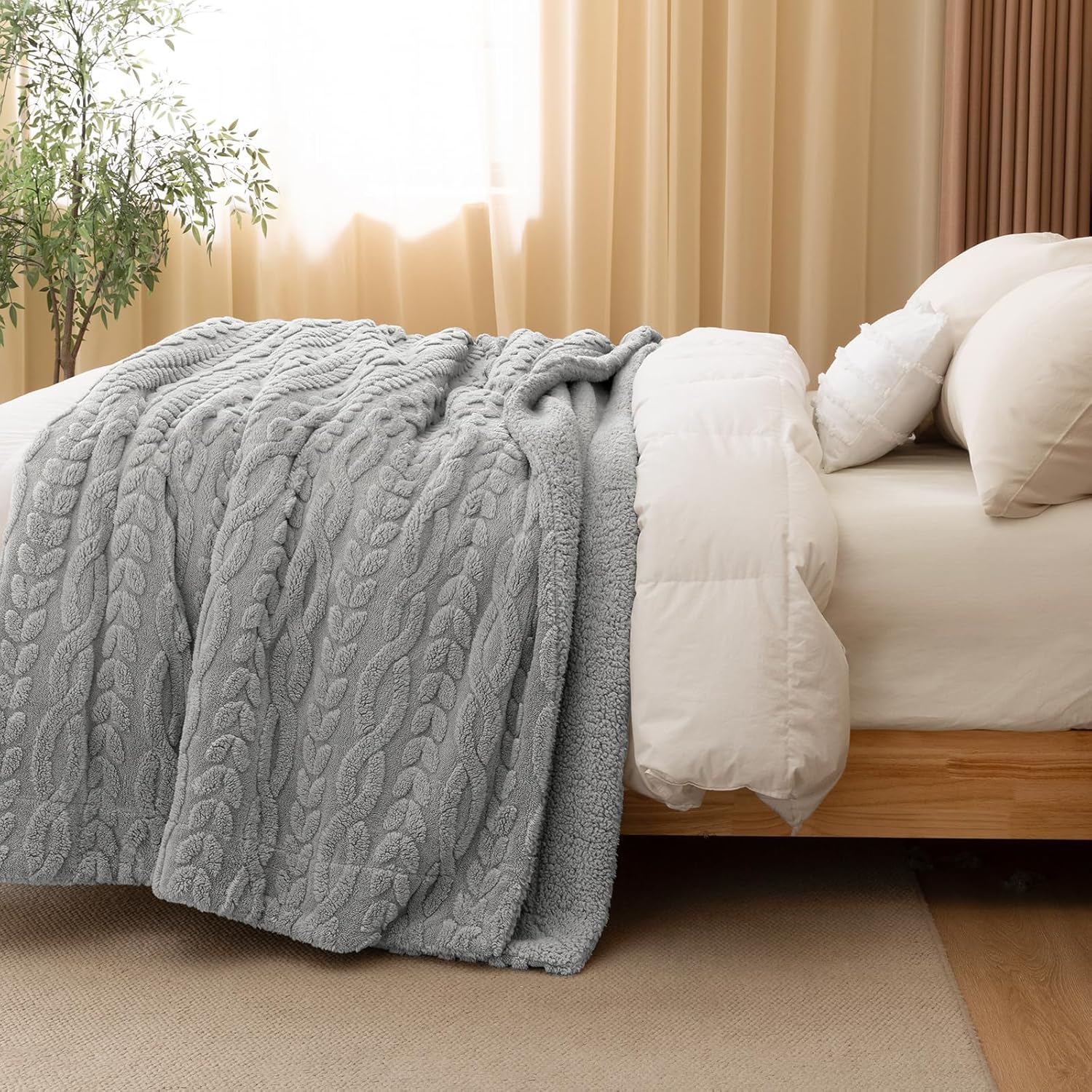 PHF Fluffy Sherpa Blanket Queen Size for Winter, Warm and Soft, 510GSM 3D Jacquard Thick Shaggy Fleece Plush Blanket for Sofa Bed, Grey, 90"x90" - Image 7