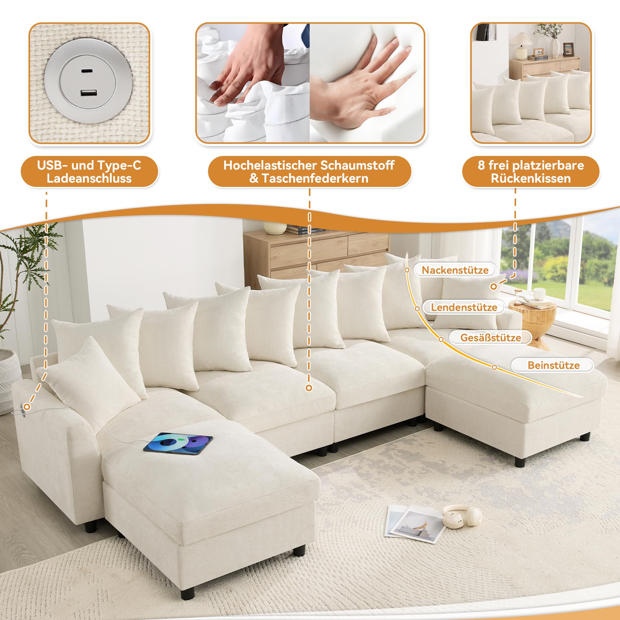 Divano angolare modulare a forma di U e L, 6 posti, beige