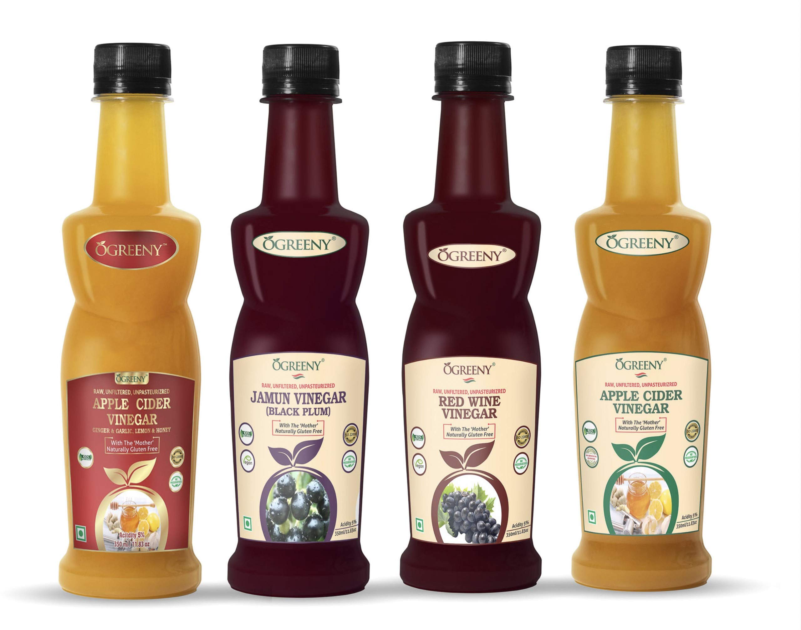 OGREENY Apple Cider Vinegar With Mother Red Wine Vinegar Jamun Vinegar And Apple Cider Vinegar With Ginger Garlic Lemon Honey 350 Ml Each (Made With Organic Fruit Juice)