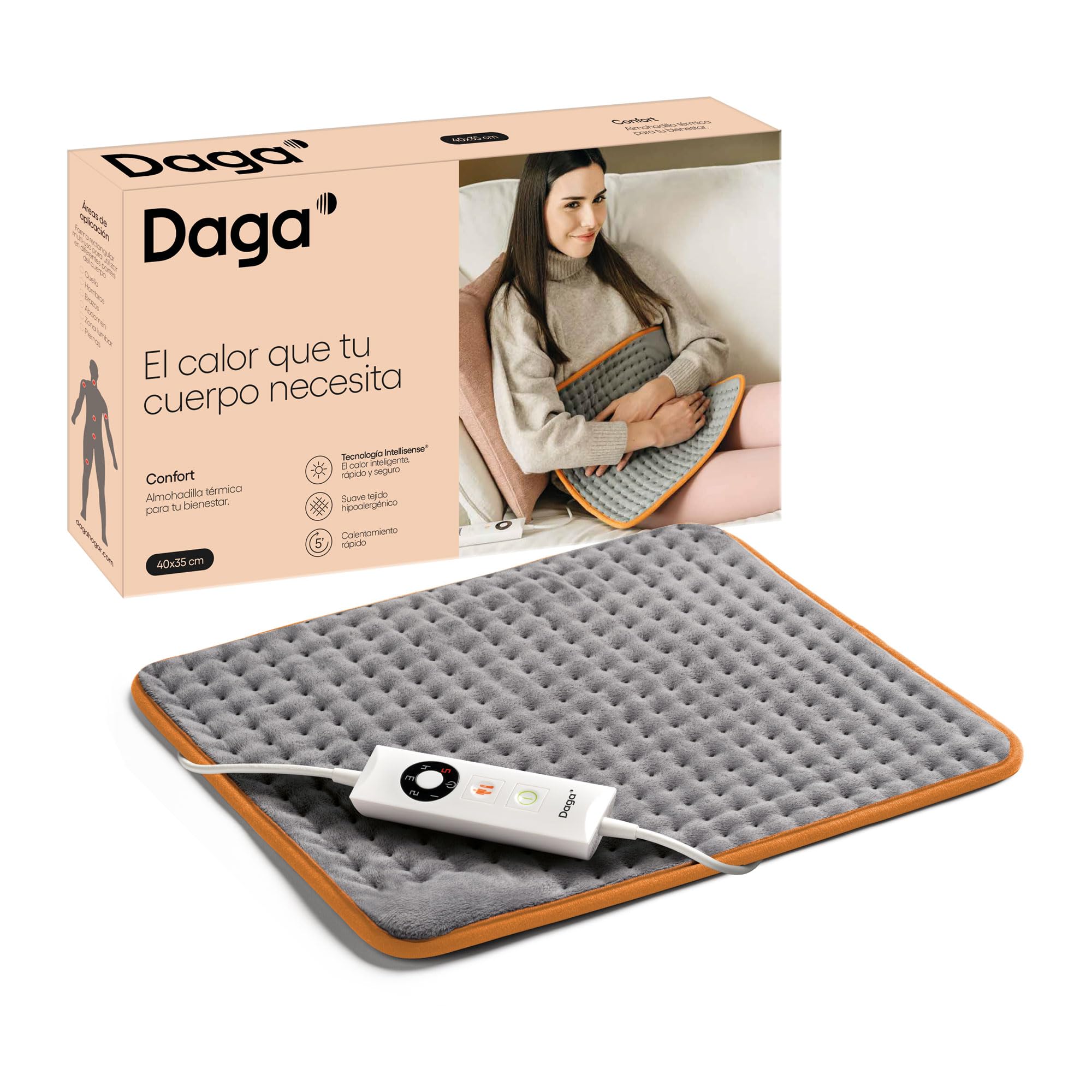 DAGA Almohadilla Térmica Confort 16871, Tecnología Intellisense, Suave Tejido, 5 Temperaturas, 40x35 cm