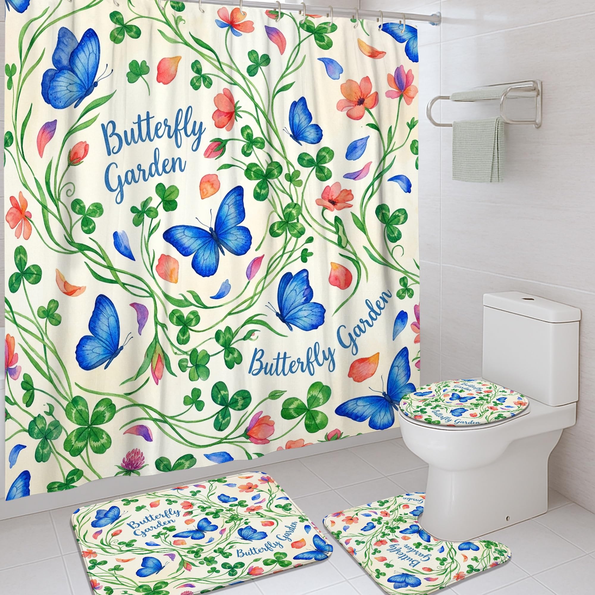 Ensemble de rideaux de douche bleu 183x183 avec tapis motif fleur et papillon