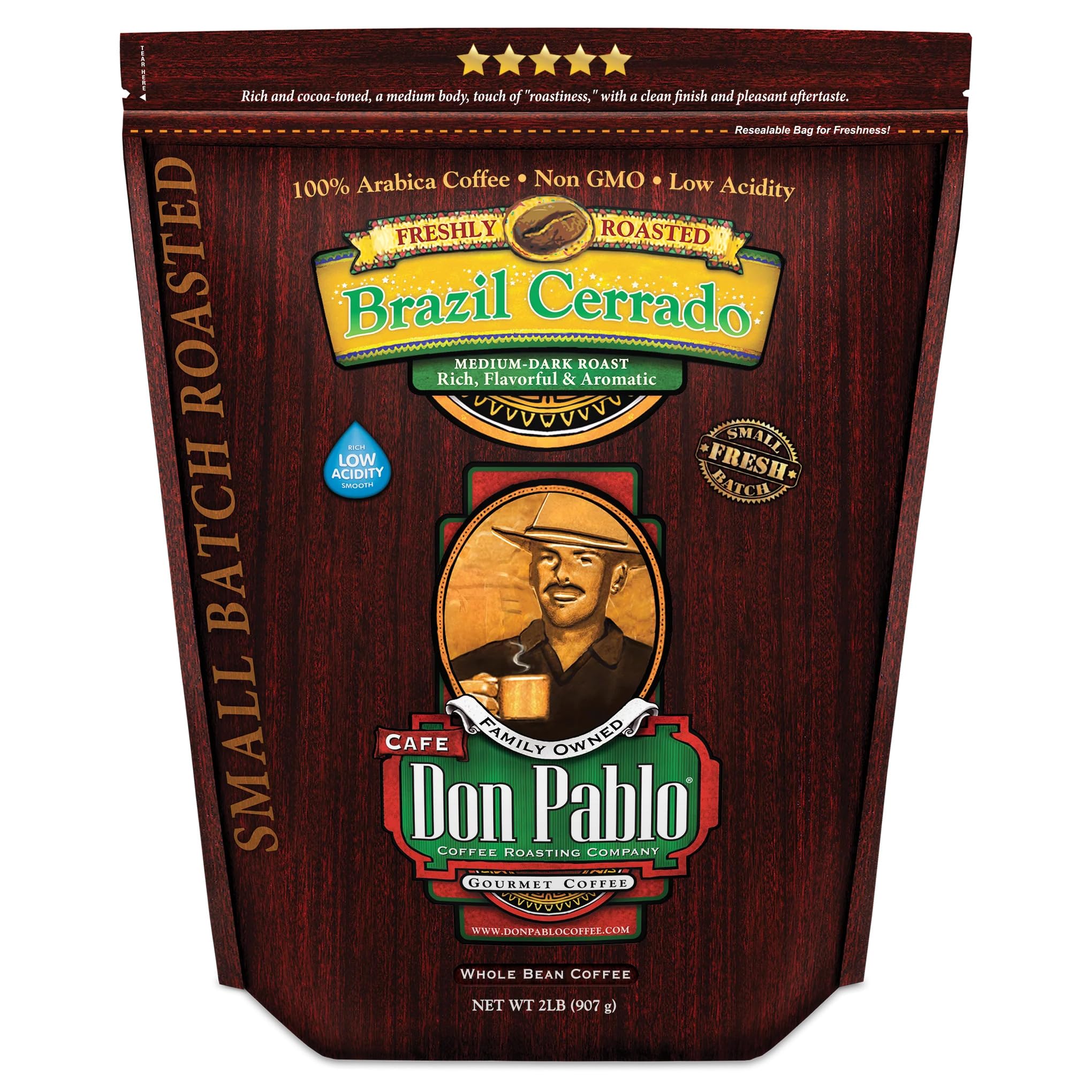 2LB Don Pablo Gourmet Coffee - Brazil Cerrado - Medium Dark Roast - Whole Bean Coffee - 100% Arabica Beans - Low Acidity and Non-GMO - 2lb bag