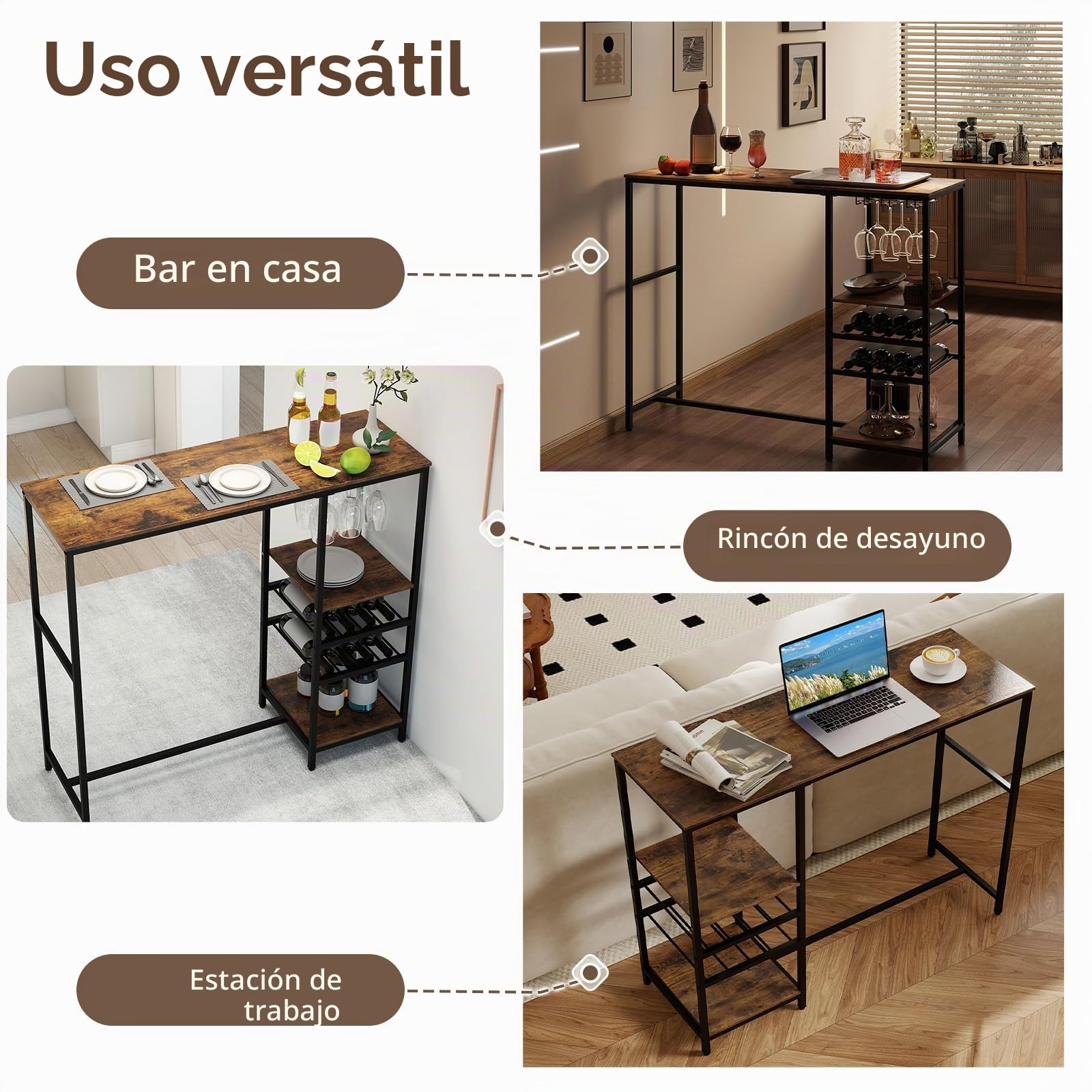 LIFEZEAL Mesa de Bar de 5 Niveles, Mesa Alta Cocina con Amplia Superficie， Mueble de Almacenamiento con Estantes Abiertos y 2 Portavasos Debajo de la Bandeja, Estructura de Metal Sólida