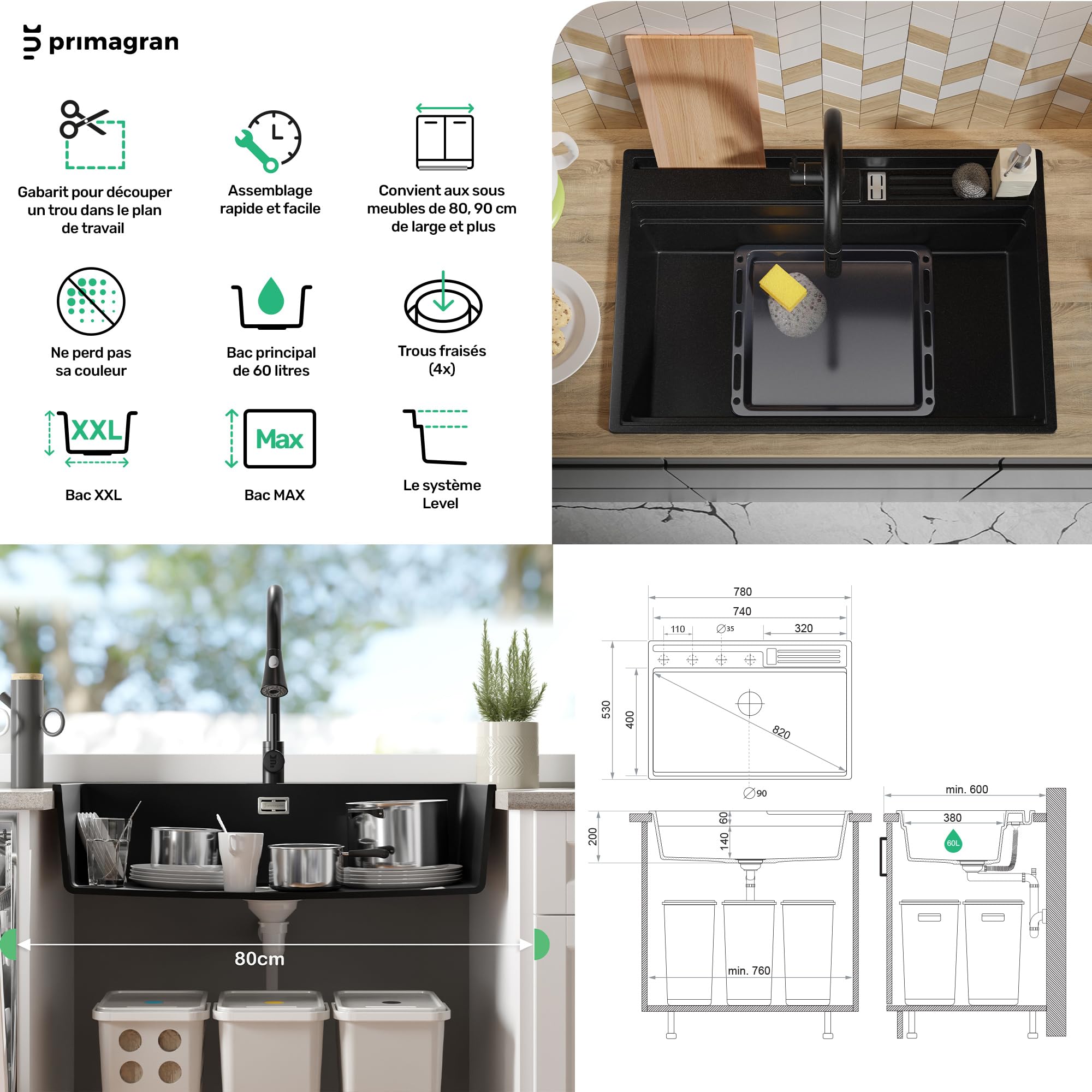 PRIMAGRAN Evier Cuisine en Granit Noir - Oslo, 78x53cm | Lavabo 1 Bac + Zuberhor-Set, Évier à Encastrer au Meuble 80cm (S335)