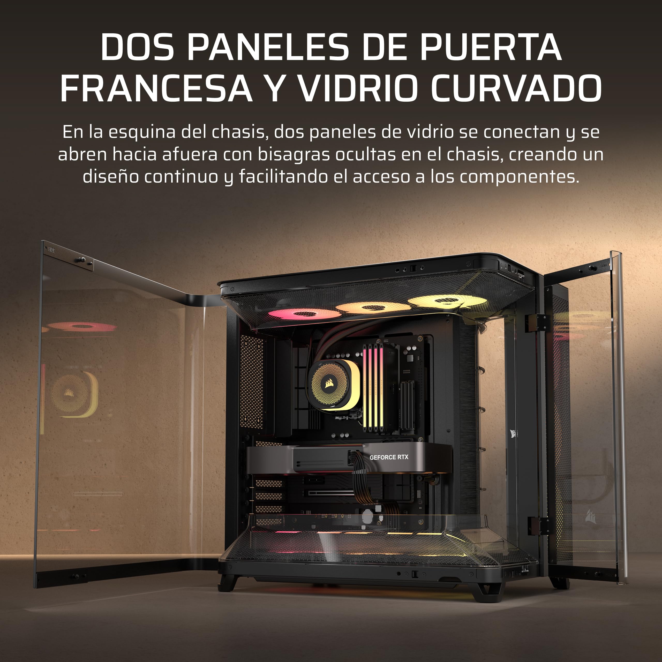 CORSAIR Air 5400 RS-R ARGB Caja para PC semitorre panorámica de Triple cámara – 3 Ventiladores RS120-R ARGB Reverse-Rotor preinstalados – conductos de Alto Flujo y bajo Ruido – Negro