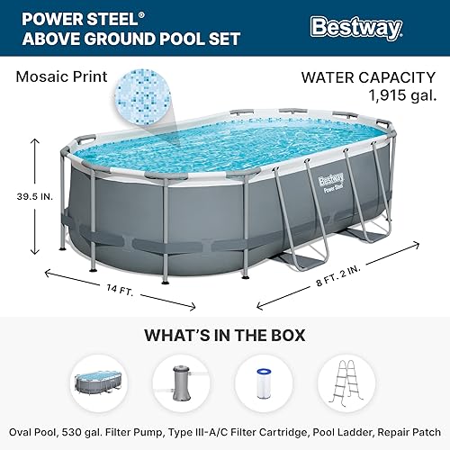 Vista 2 de Bestway 56631E-BW - Juego de piscina de verano con marco ovalado de acero eléctrico sobre el suelo, bomba de filtro y escalera de seguridad, 14 x 8