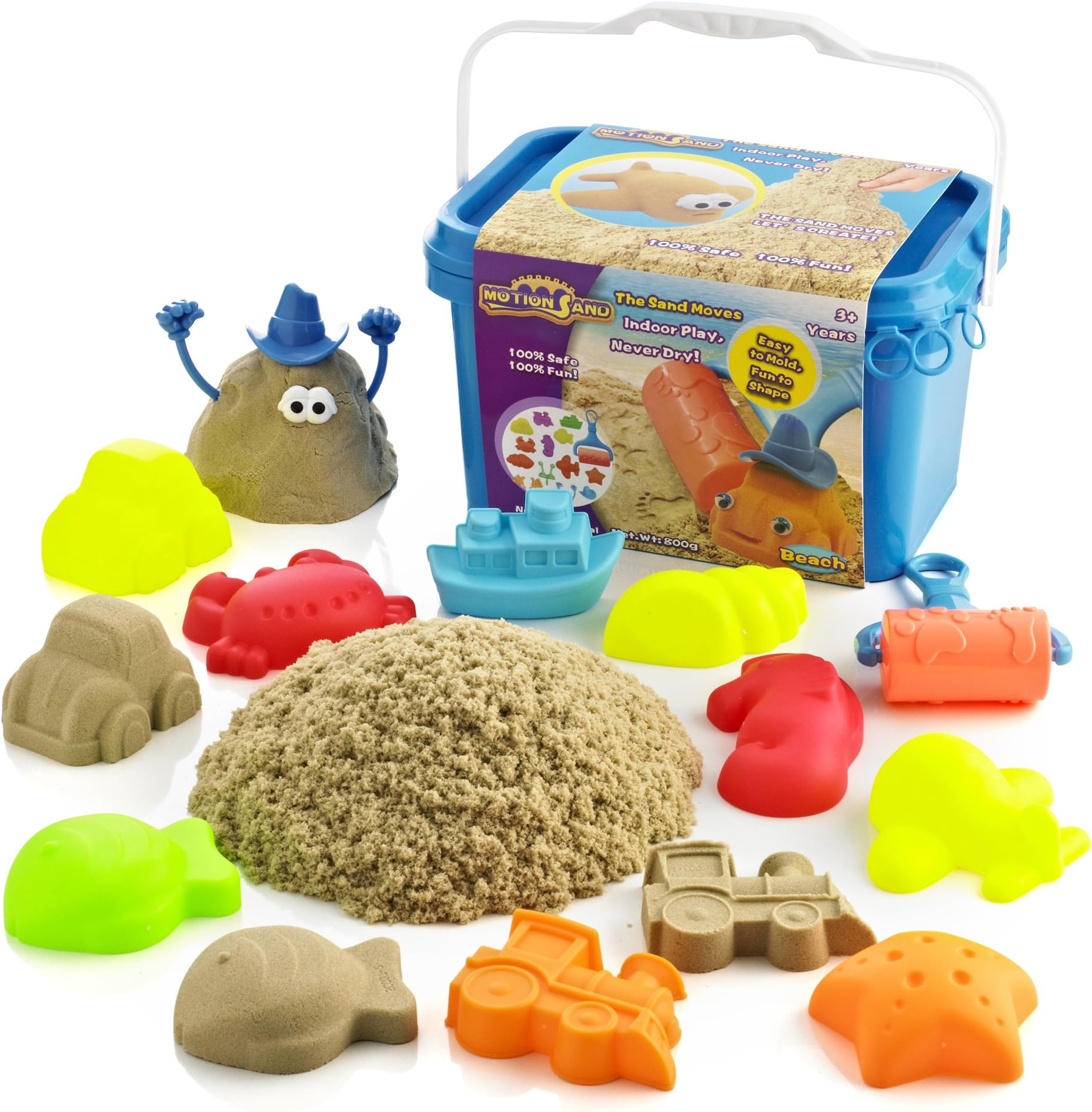 1Kg Squeezy Sand, Squishy, Magic, Motion Coloured Sand, Perfect for Shaping, Moulding, Sculpting, Assorted Vibrant Colours with 6Fun Moulds & Carry tub
