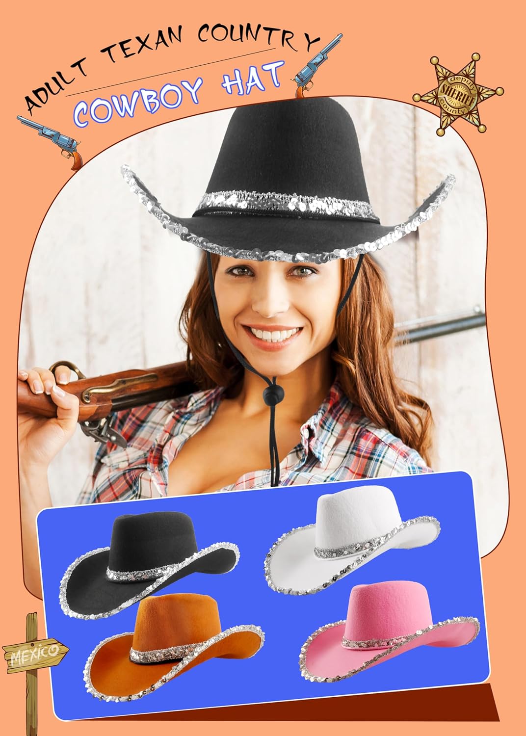 4 Pack Adult Sequin Cowboy Hat Western Cowgirl Hat Texan Country Cowboy Hatsfor Women Fancy Dress Accessory - Image 5