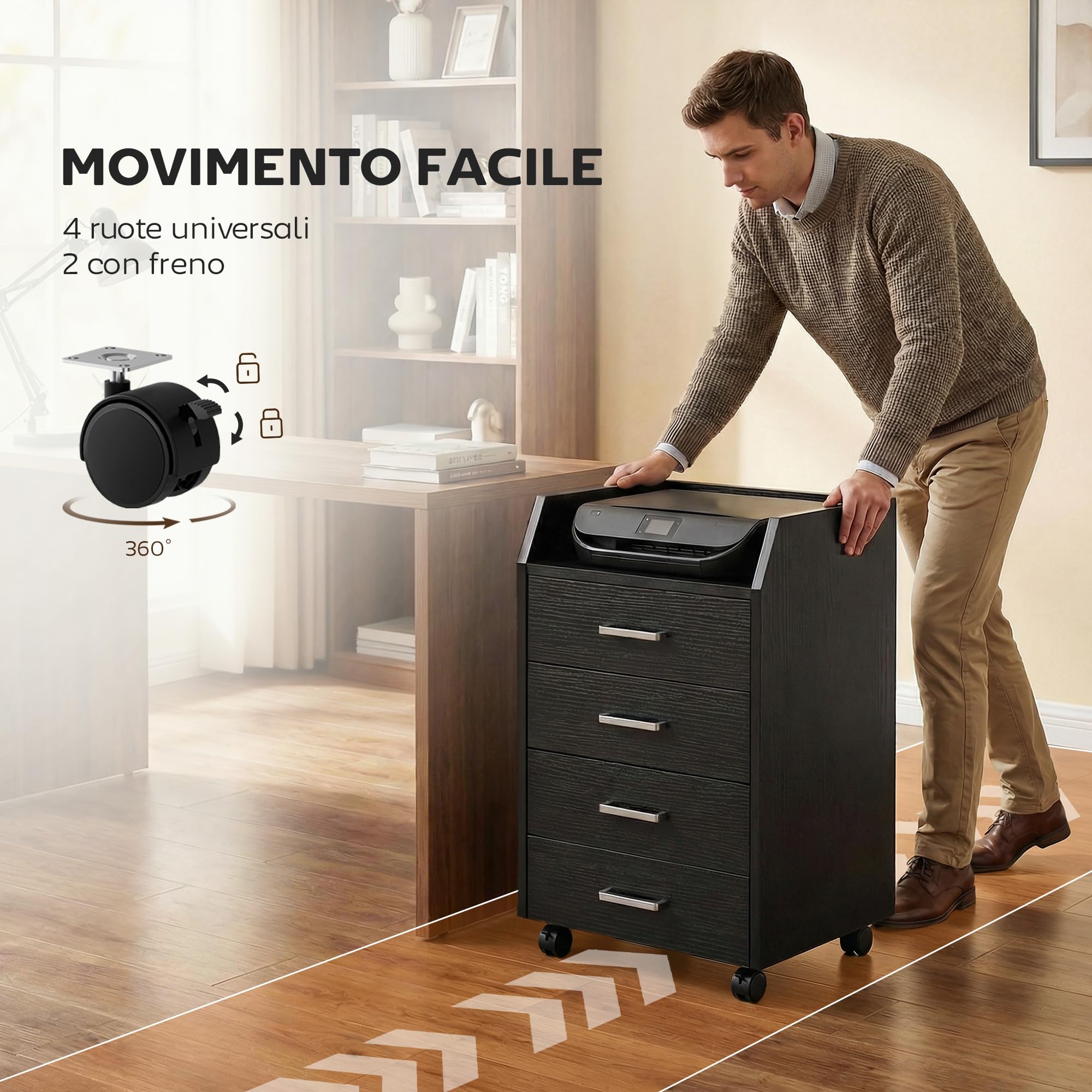 Vinsetto Schedario da Ufficio con 4 Cassetti, Ruote a Freno, Cassettiera Scrivania per Lettera Documenti, Ripiano, Cassettiera Ufficio per Studio Sotto Scrivania, 40x36x65 cm, Effetto Legno Nero