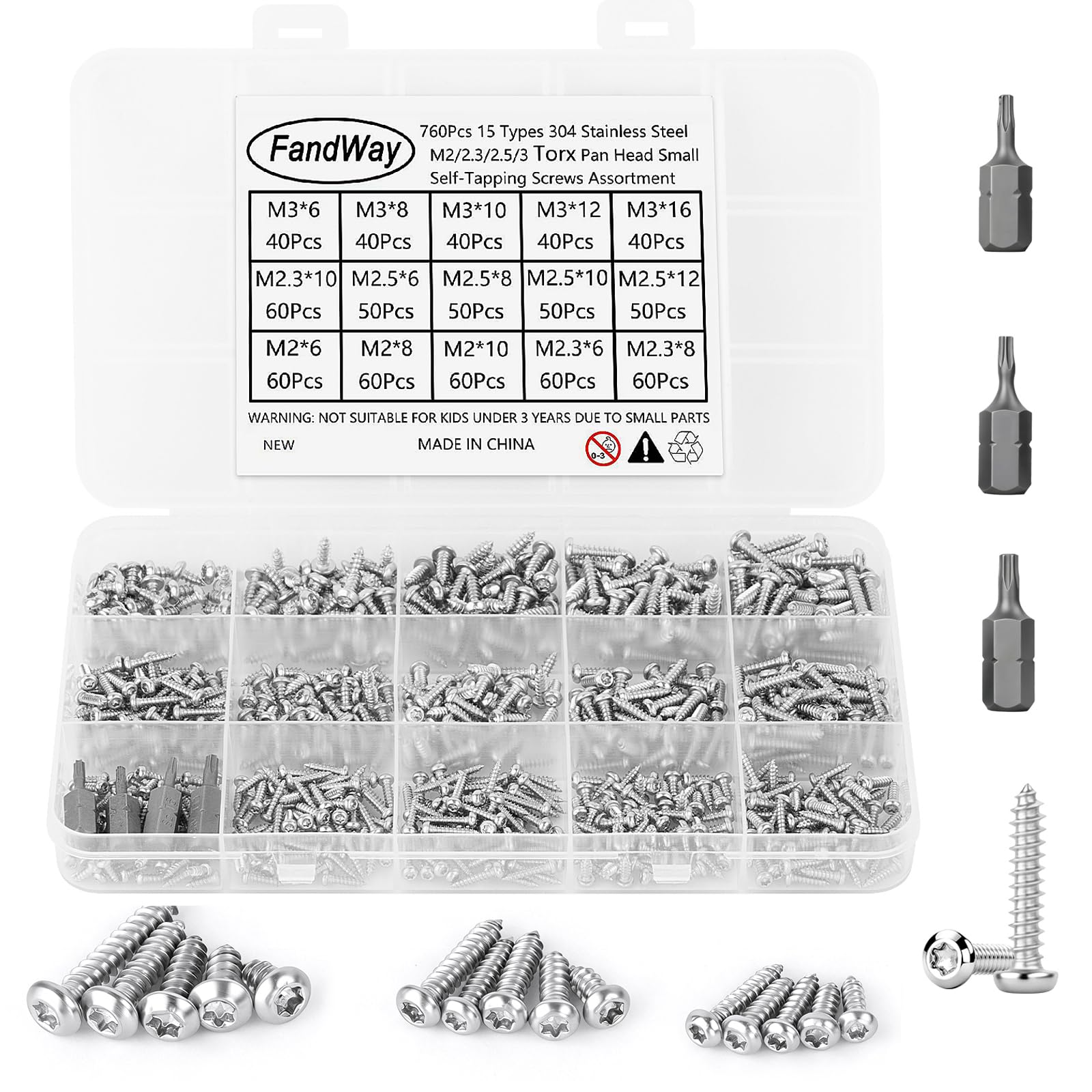 760 Pcs Torx Self Tapping Screws 304 Stainless Steel,M2 2.3 M2.6 M3 Very Small Wood Screws,Round Head Torx Security Anti-Theft Screw,Pan Head Self Drilling Sheet Metal Screw With T6 T8 T10 Bits. — image 1