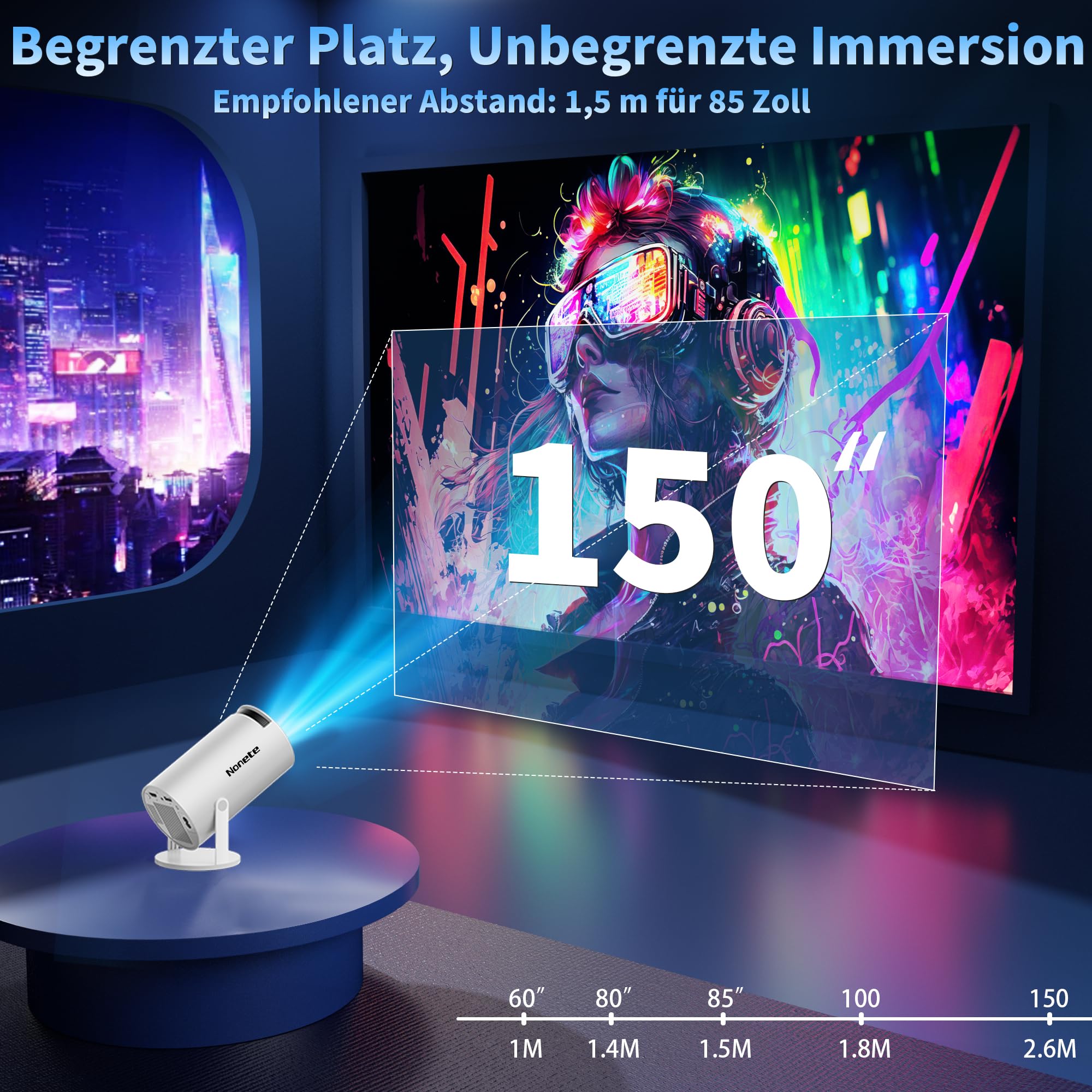 Mini Projector 4K 1080P Full HD Beamer with WiFi 6 BT 5.2, Automatic Keystone 270° Dreh, HDMI/TV Stick/Laptop, Weiß