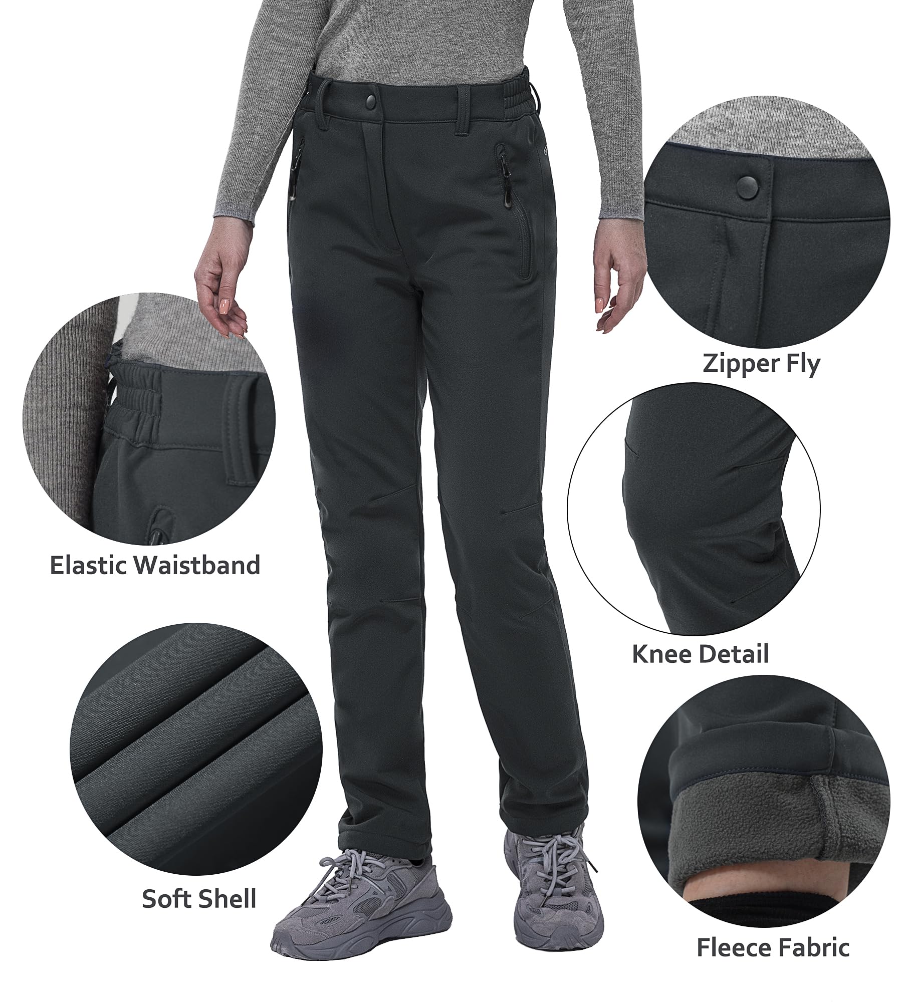 33,000ft Pantalon de randonnée pour femme - Imperméable - Pantalon de ski d'hiver chaud en softshell, gris foncé, XS | Pantalon thermique, doublé en polaire, pantalon de snowboard, respirant, séchage rapide, pantalon de trekking