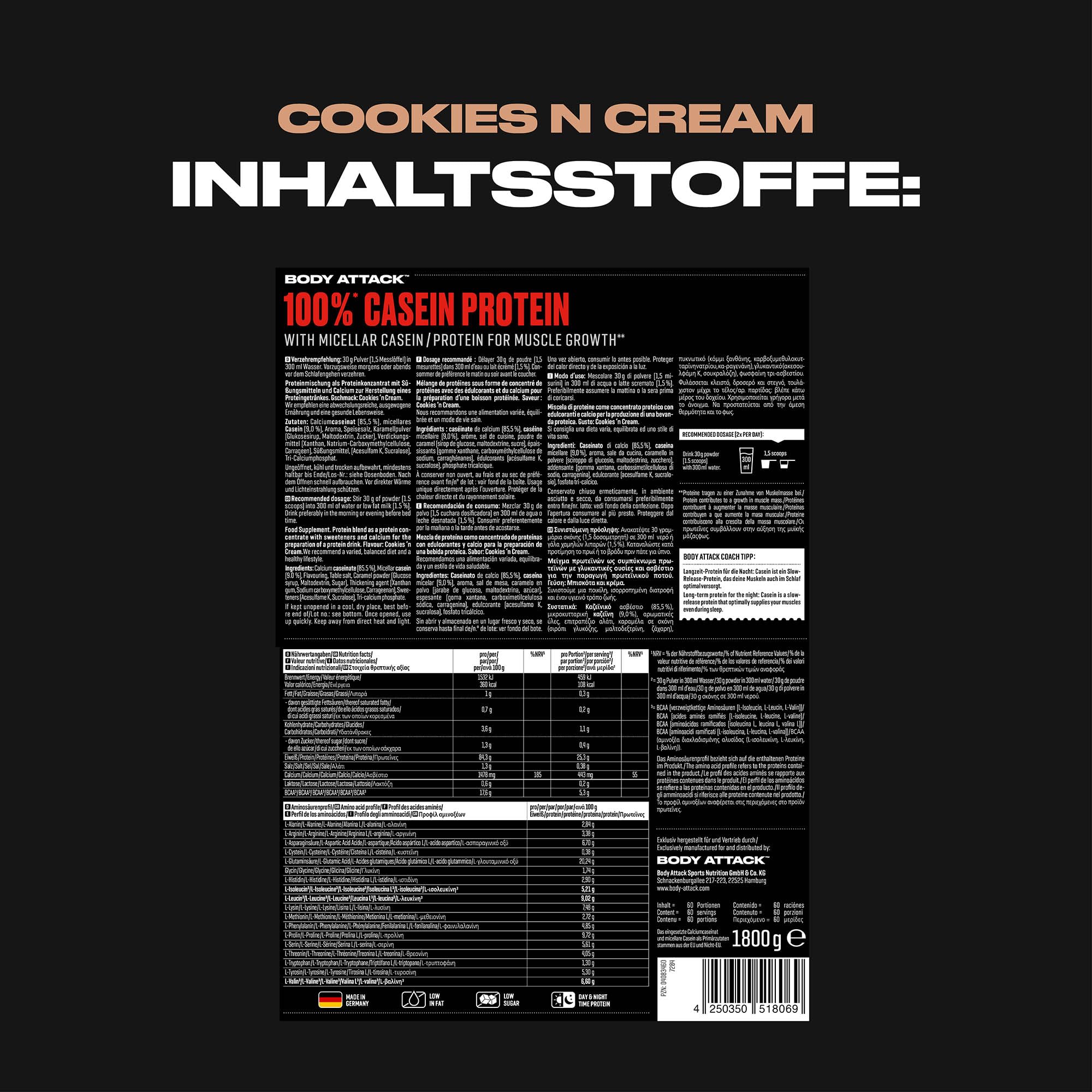 Body Attack Cookies and Cream 1800g Casein Protein by Body Attack