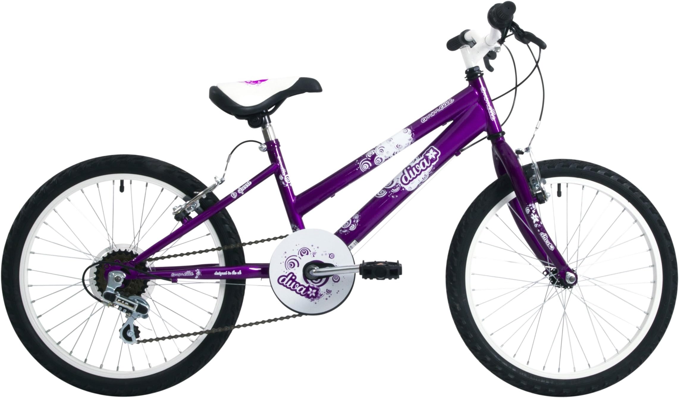 EmmelleDiva Girls' Mountain Bike Purple, 11" inch steel frame, 6 speed steel v-brakes with adjustable levers 20 inch white alloy rims