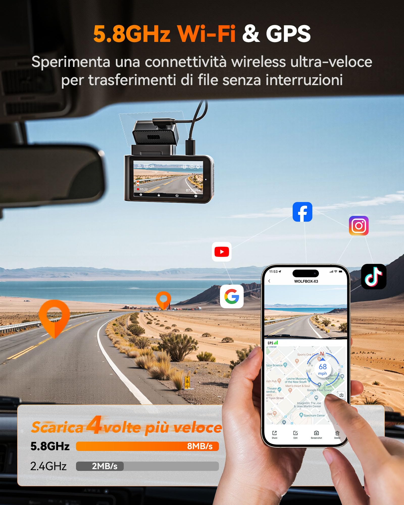 WOLFBOX 2,5K & 60FPS Dashcam Auto, STARVIS 2, Scheda 64GB, WiFi 5,8 GHz | IMX675 con ADAS, 2,5 K + 1080P 5MP Dual Dashcam Auto Anteriore Posteriore, GPS, Touchscreen, Supporta Fino a 512 GB (X3)