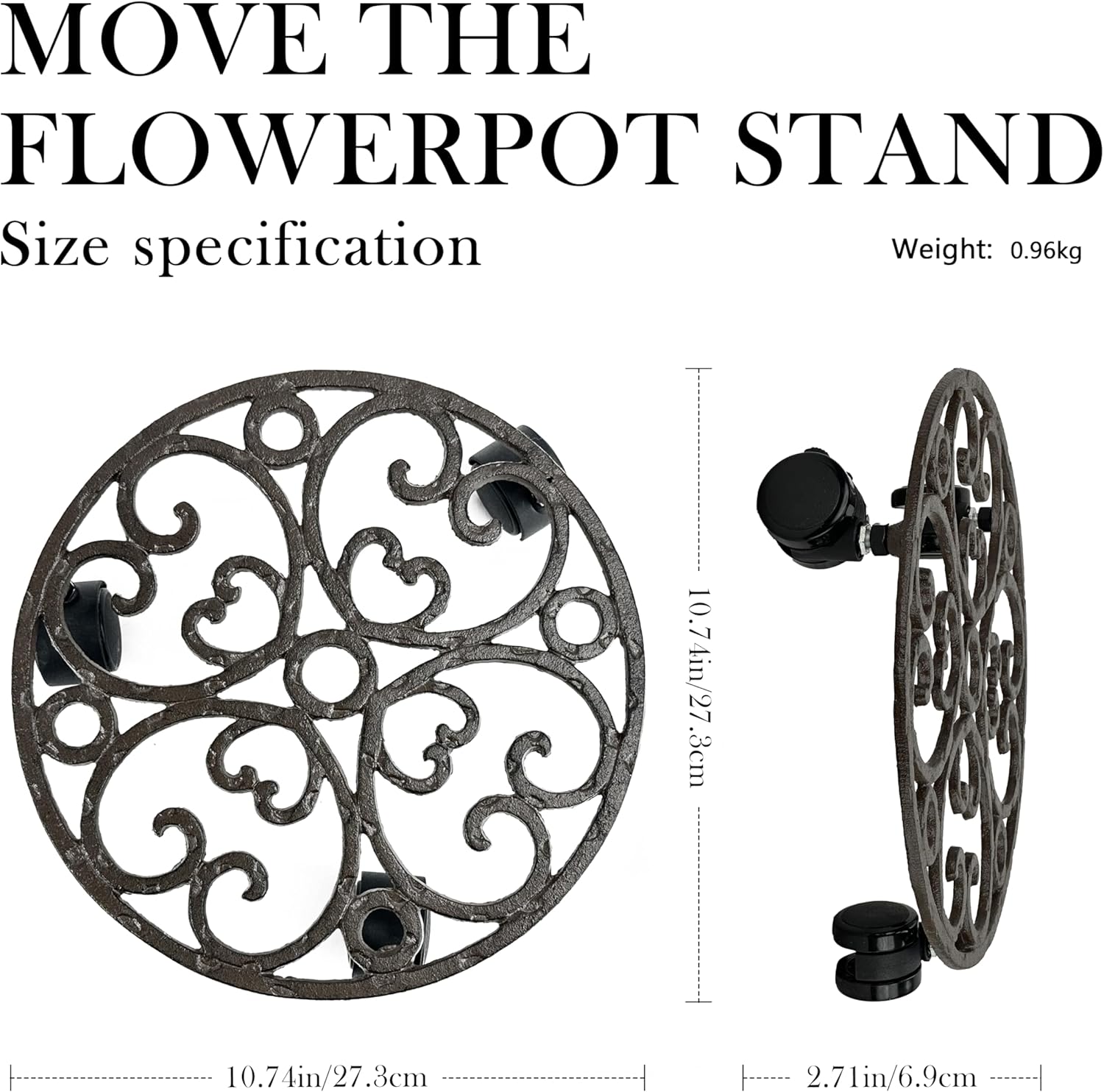 Plant Stand with Wheels, 10.7 Inch Anti-Rust Cast Iron Heavy Duty Plant Caddy with Wheels, Rustic Plant Caddy & Plant Stand Indoor for Potted Plants, 160 lbs Capacity for Living Room, Courtyard, No Assembly Required