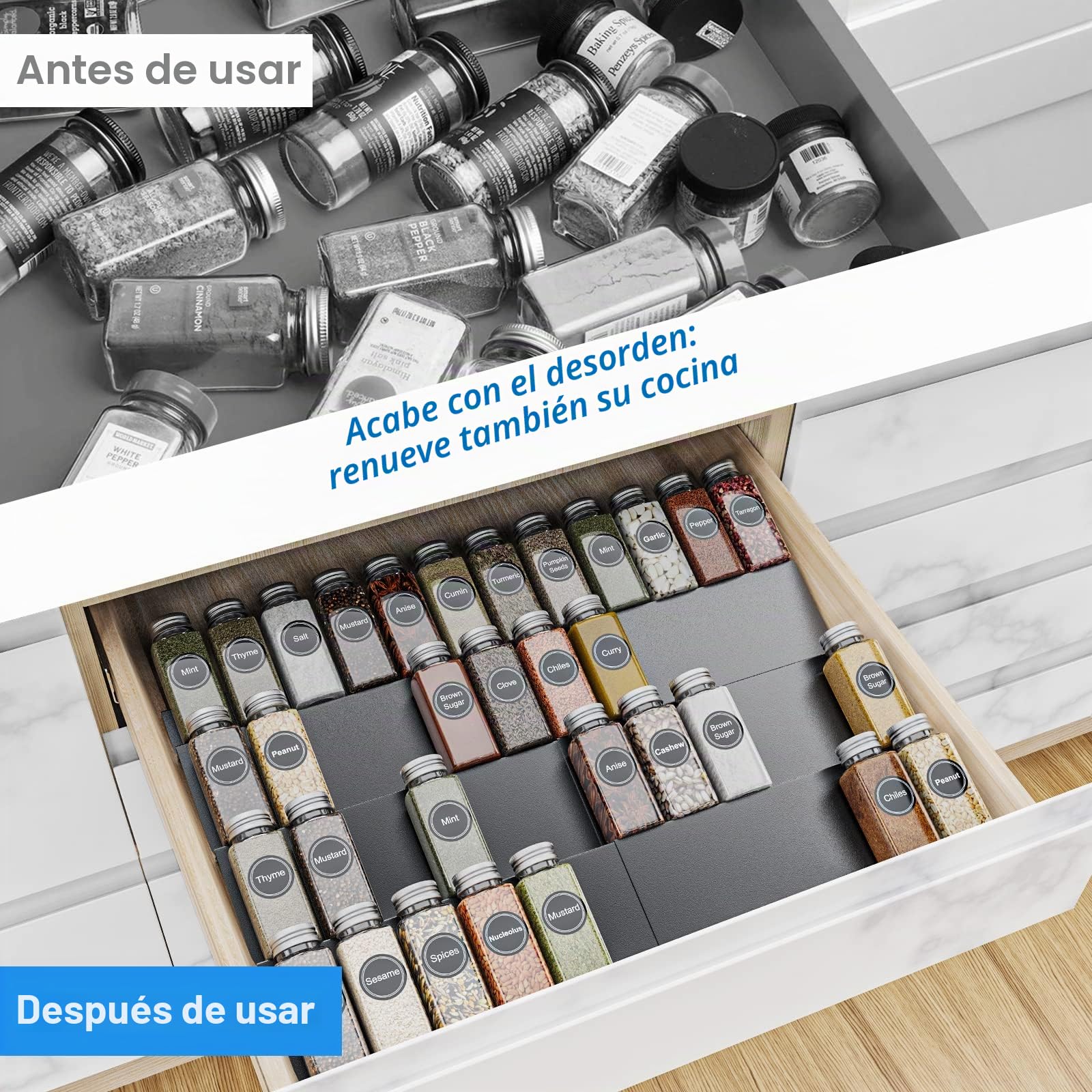 Especiero de Cajón, Especieros para Cocina en 4 Niveles, Organizador de Especias de 29 cm a 58 cm, Inserto de Especias para Diferentes Anchos de Cajones - Negro, Aluminio