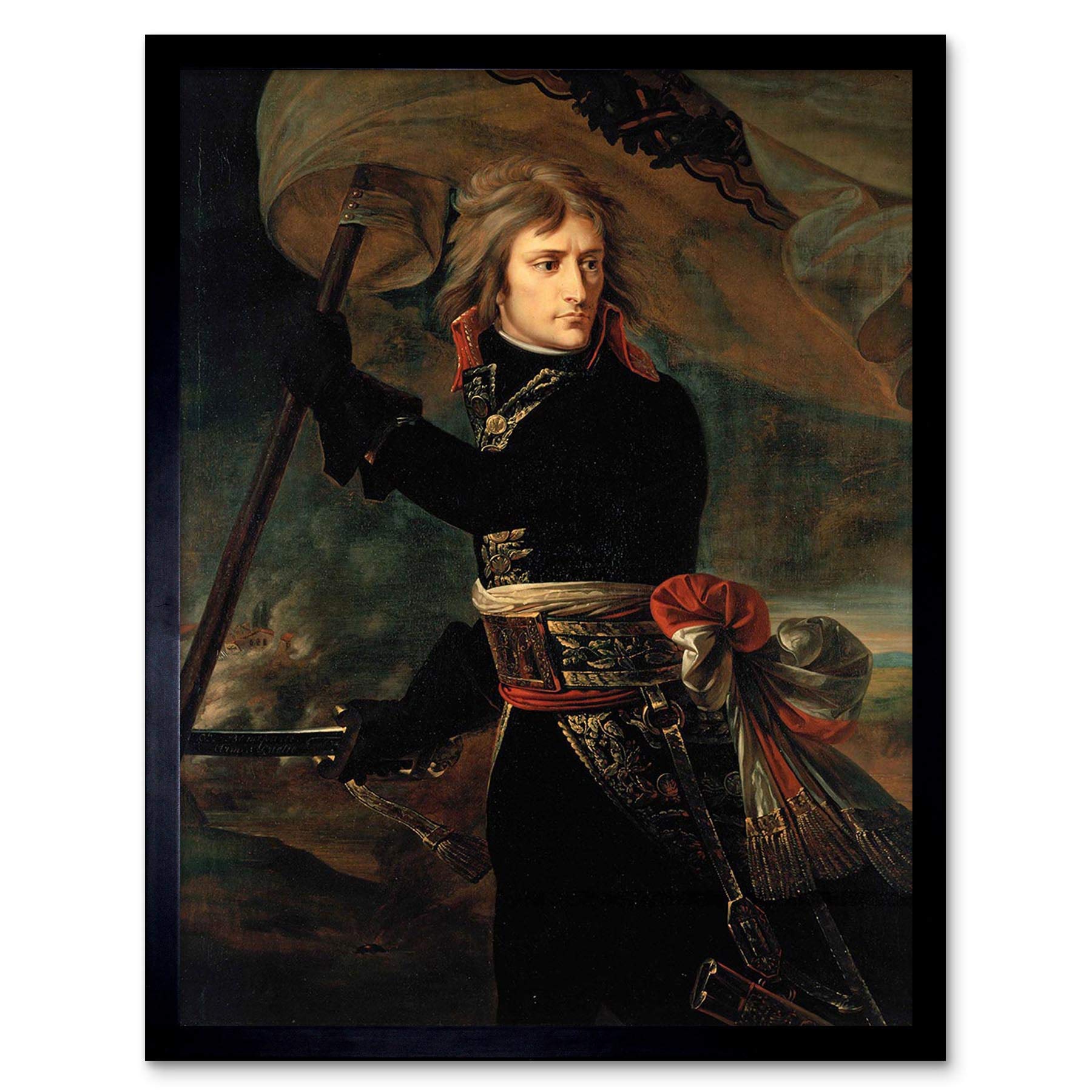 Wee Blue Coo Framed Black Painting Portrait Gros Napoleon Bonaparte Arcole Bridge Art Print Framed Poster Wall Decor 12X16 Inch