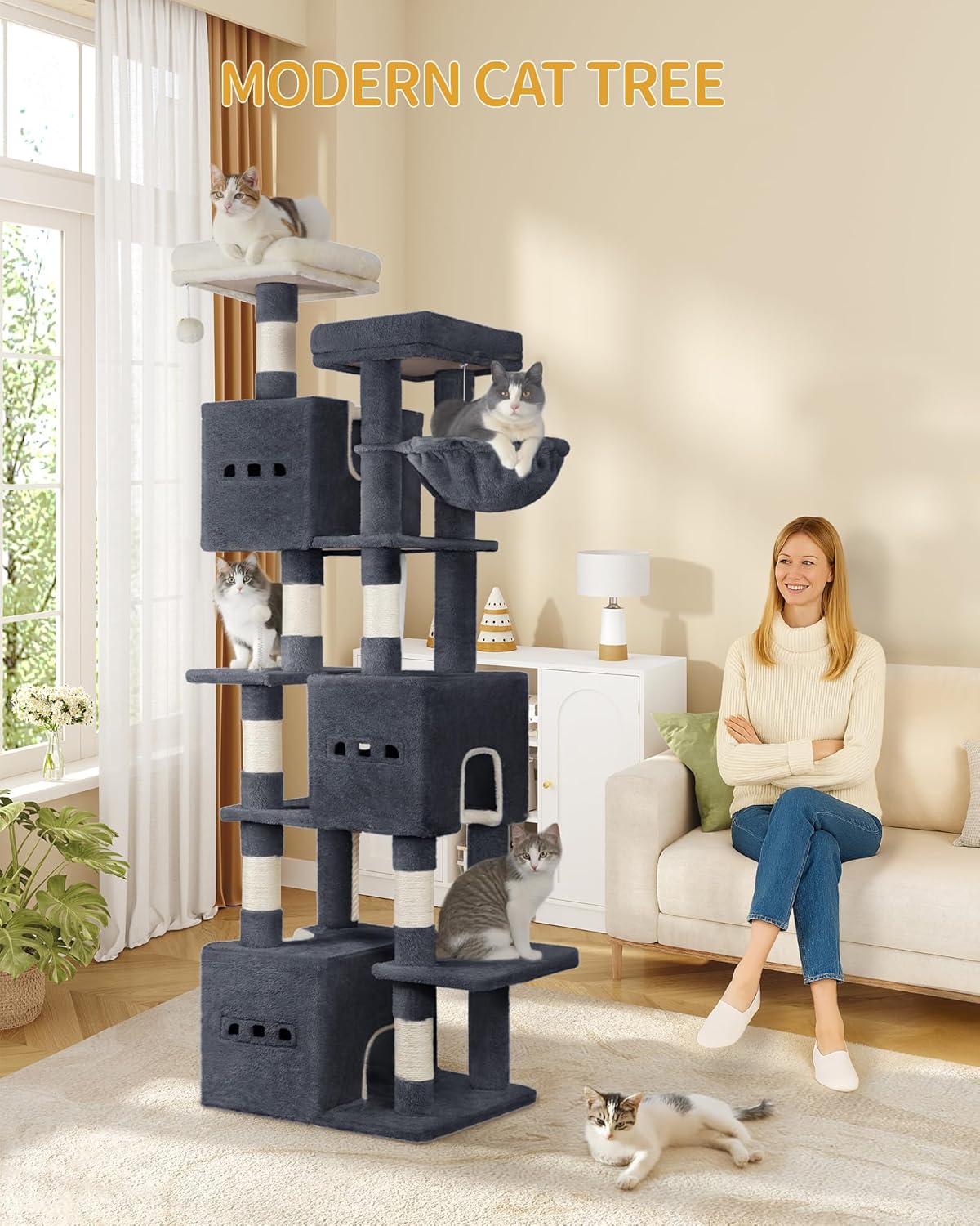 Hzuaneri 76" Cat Tree, Large Cat Tower for Indoor Cats, Multi-Level Cats House Furniture with 2 Platforms, 3 Condos, 7 Scratching Posts, 1 Basket, 3 Caves, Pompoms, Dark Grey MS19218SG