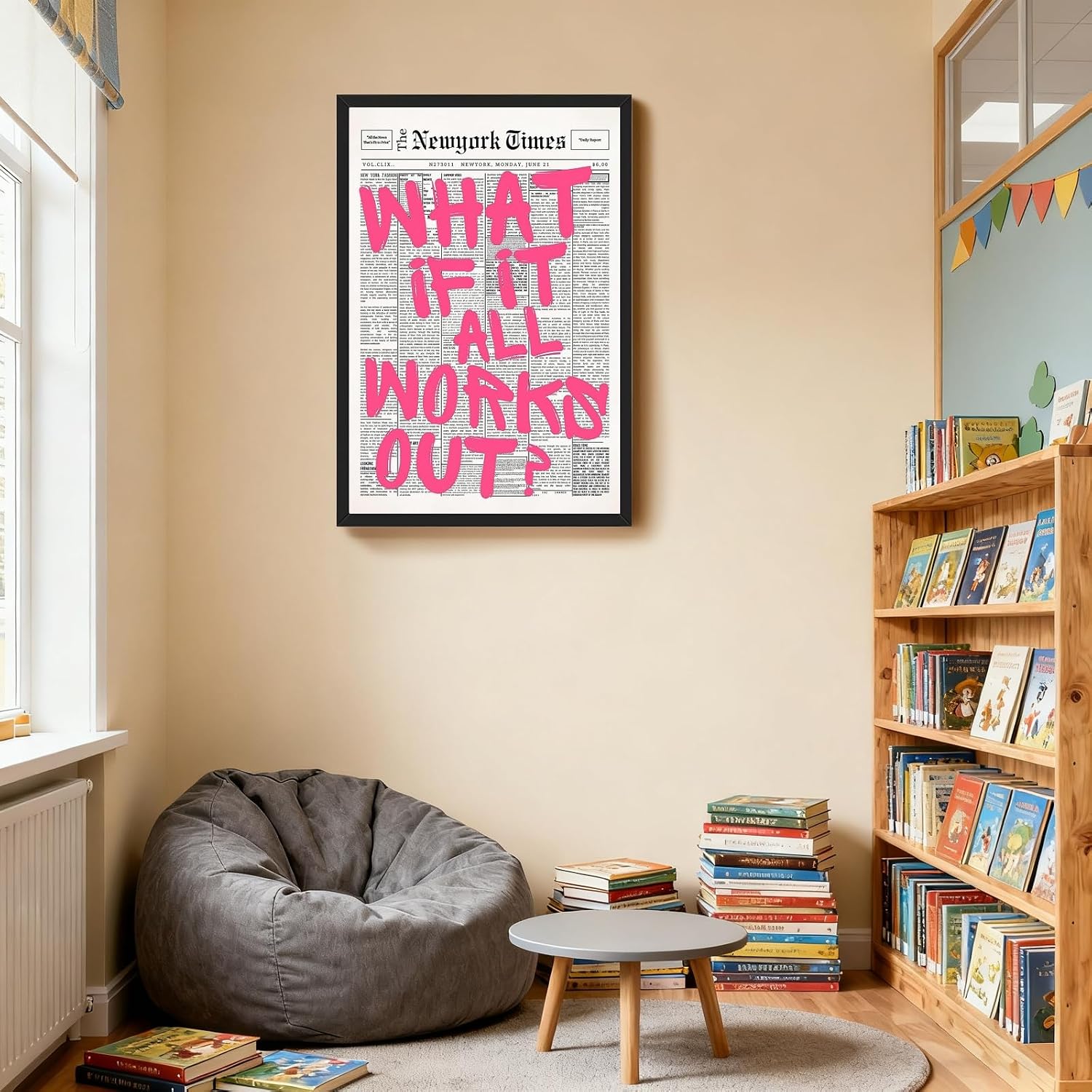 Balsuka Black Framed Trendy Newspaper Canvas Wall Decor Pink What If All Works Out Positive Affirmation Quote Wall Art Motivational Poster Print Painting for Bedroom Living Room Office 16x24inch