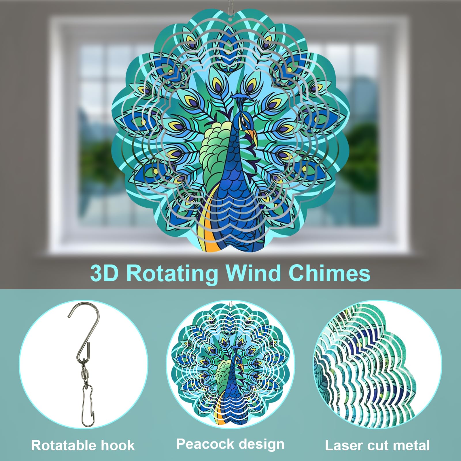 Girandole a Vento in Metallo, Girandola a Vento Magica 3D Ornamenti da Giardino, Mulino a Vento Girevole in Metallo per Cortile Esterno Patio Prato e Decorazione del Giardino Regalo (Pavone)
