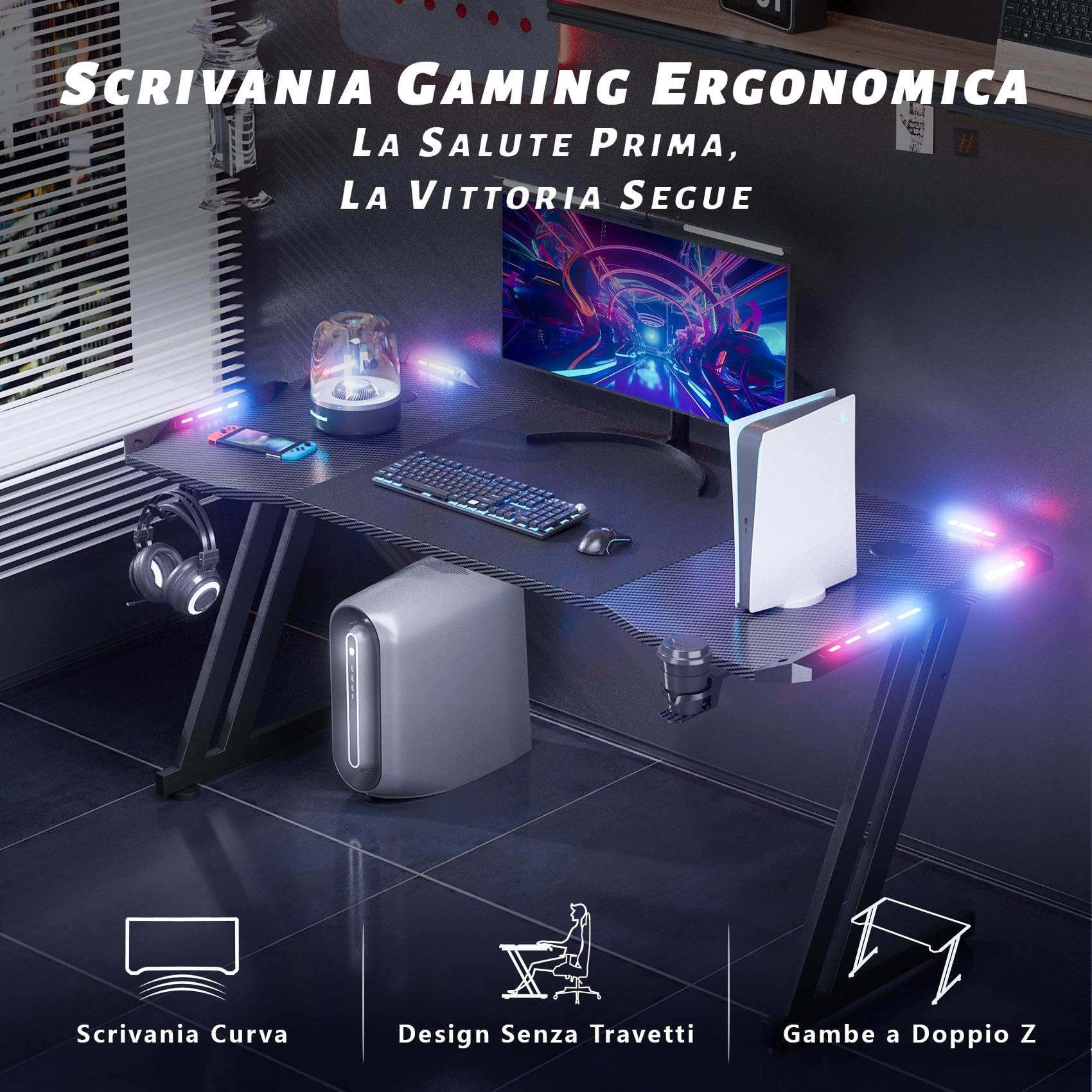 HLONONE 120 x 60 cm Scrivania Gaming LED, Tavolo Gaming Ergonomica, Postazione Gamer con Piano del Tavolo in Fibra di Carbonio, Scrivania per Computer con Porta Bicchiere e Ganci per Cuffie, Nero