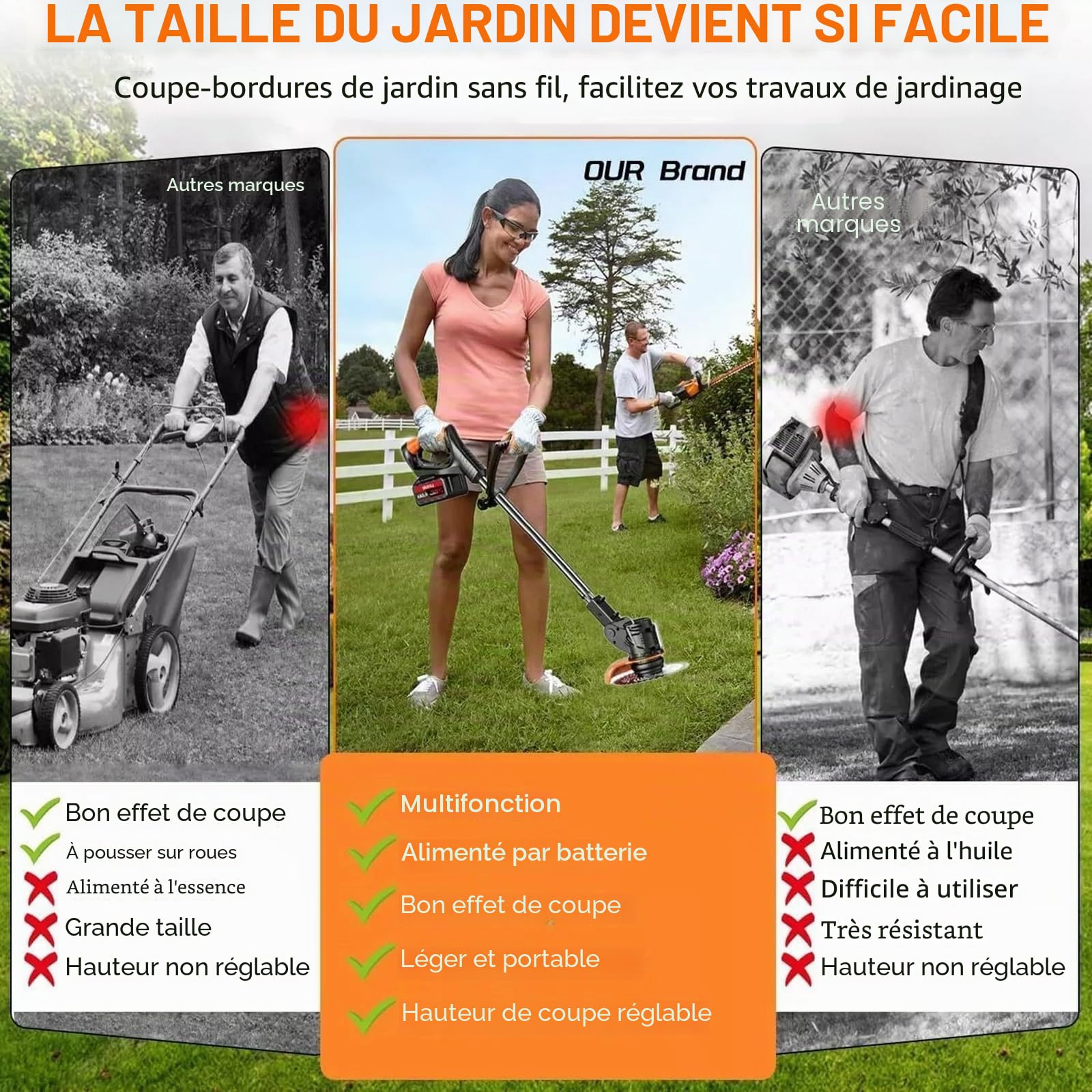 Débroussailleuse de Jardin Sans Fil, Coupe-Herbe Électrique à Lame Métallique, Débroussailleuse à Hauteur Réglable, Tondeuse Légère avec Roues Poussantes, Pour le Défrichage du Jardin