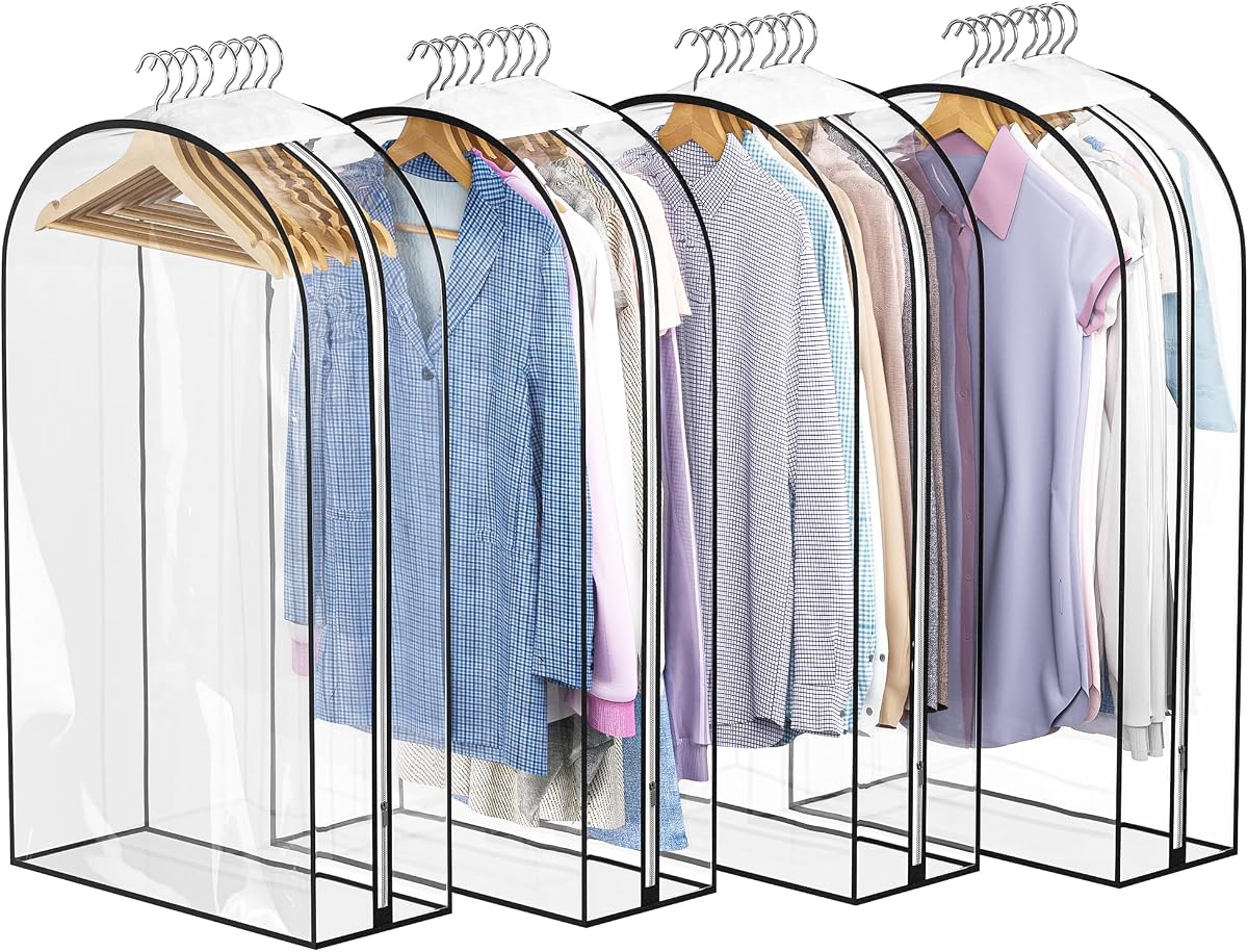 Liuoud Clear Garment Bags for Hanging Clothes 10” Gusseted, 4 Pack, 40” | Suit Bags for Closet Storage with Large Metal Zipper, Breathable odorless Hanging Plastic Clothes Cover for Coat Dress Fur