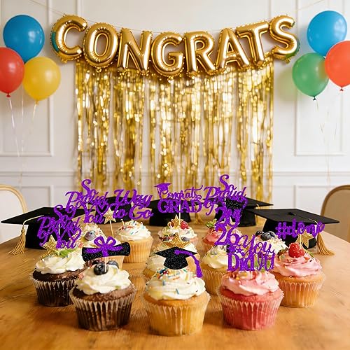 Miniatura 6 de Decoraciones de graduación 2025 morado, adornos para cupcakes de graduación 2025 morado y negro, suministros de decoración para cupcakes clase de