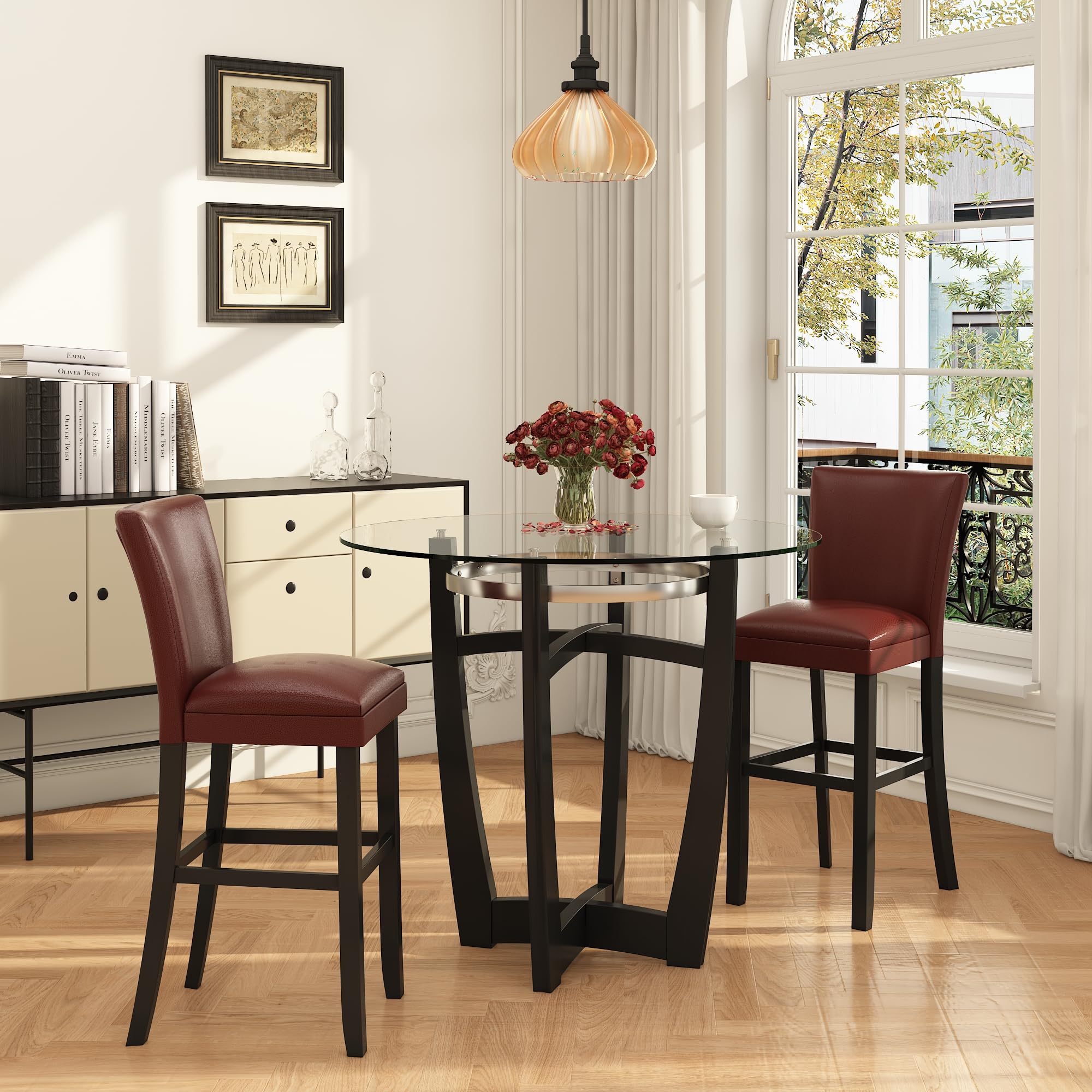 Glass Top High Bar Table Stools Set for 2, 42" Round Tempered Glasstop High Bar Table with Two 31.9"H Barstools Chairs with Upholstered Back&Footrest