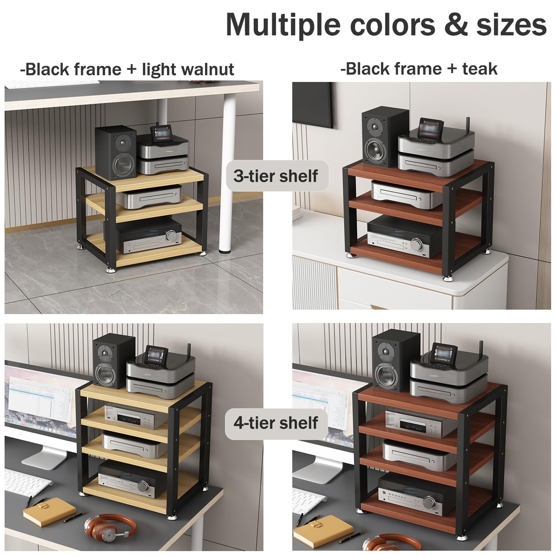 Mueble Equipo Hifi,Soporte Altavoz de 3/4 Niveles,Mueble Tocadiscos,Soporte Multimedia de Madera y Metal,Estante de Audio,Mueble de TV,Estantes y Soportes de alta Fidelidad,para Hogar Familia(Black+Te