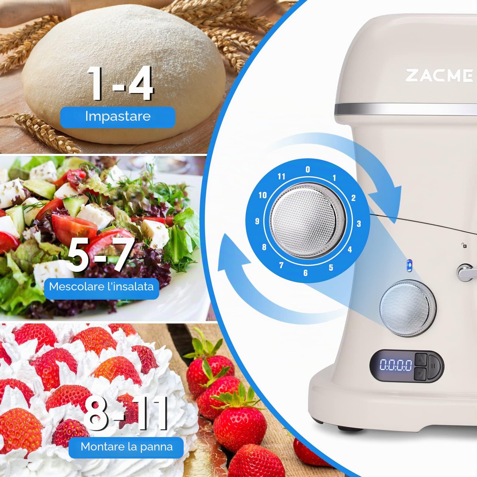 ZACME Pastaio Elegance Impastatrice Planetaria a Presa Diretta, Robot da Cucina Mixer, Display LCD,11 velocità,1500 W, 7 Litri, Acciaio, Metallo, Bianco