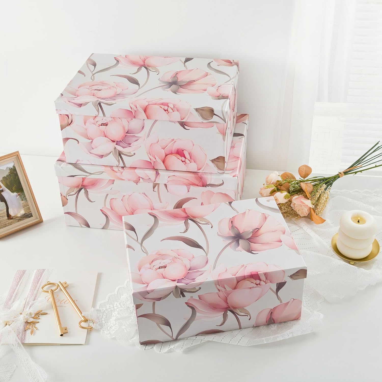 Soul & Lane Decorative Cardboard Storage Boxes with Lids for Home Decor and Organization, Set of 3 Large Keepsake Boxes for Memories & Gifts, Nesting Floral Photo Storage Containers, Peonies Paradise