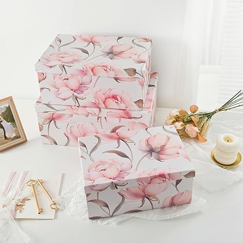 Miniatura 5 de Soul & Lane Cajas de almacenamiento decorativas de cartón para decoración del hogar, peonías paradisíacas, juego de 3 cajas de cartón floral con