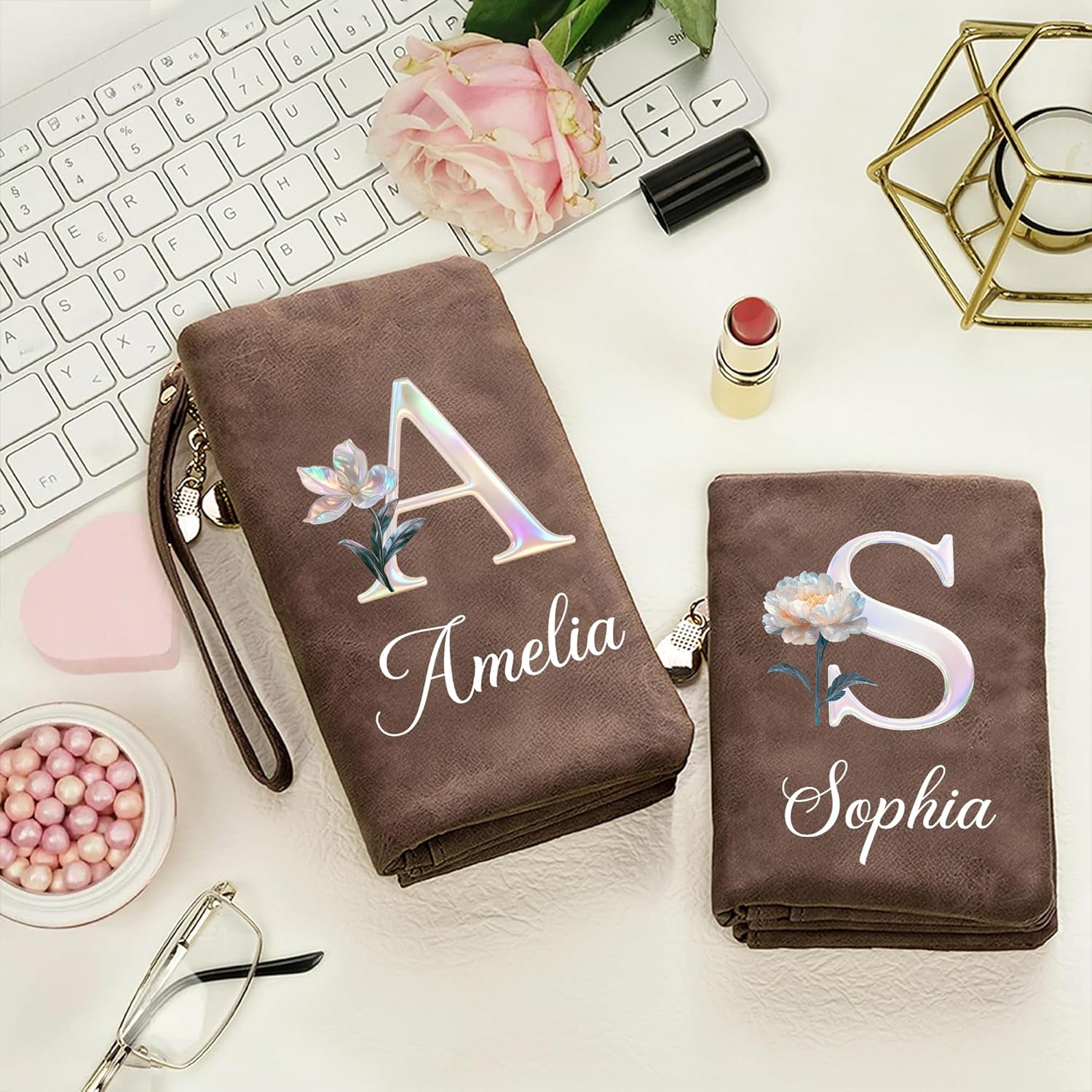 Custom Initial Wallet PU Leather Personalized Birth Flower & Name Wallets for Women Pearl Laser Coin Purse Card Holder Birthday Valentines Mother's Day Gifts for Her Wife Mom - Image 2