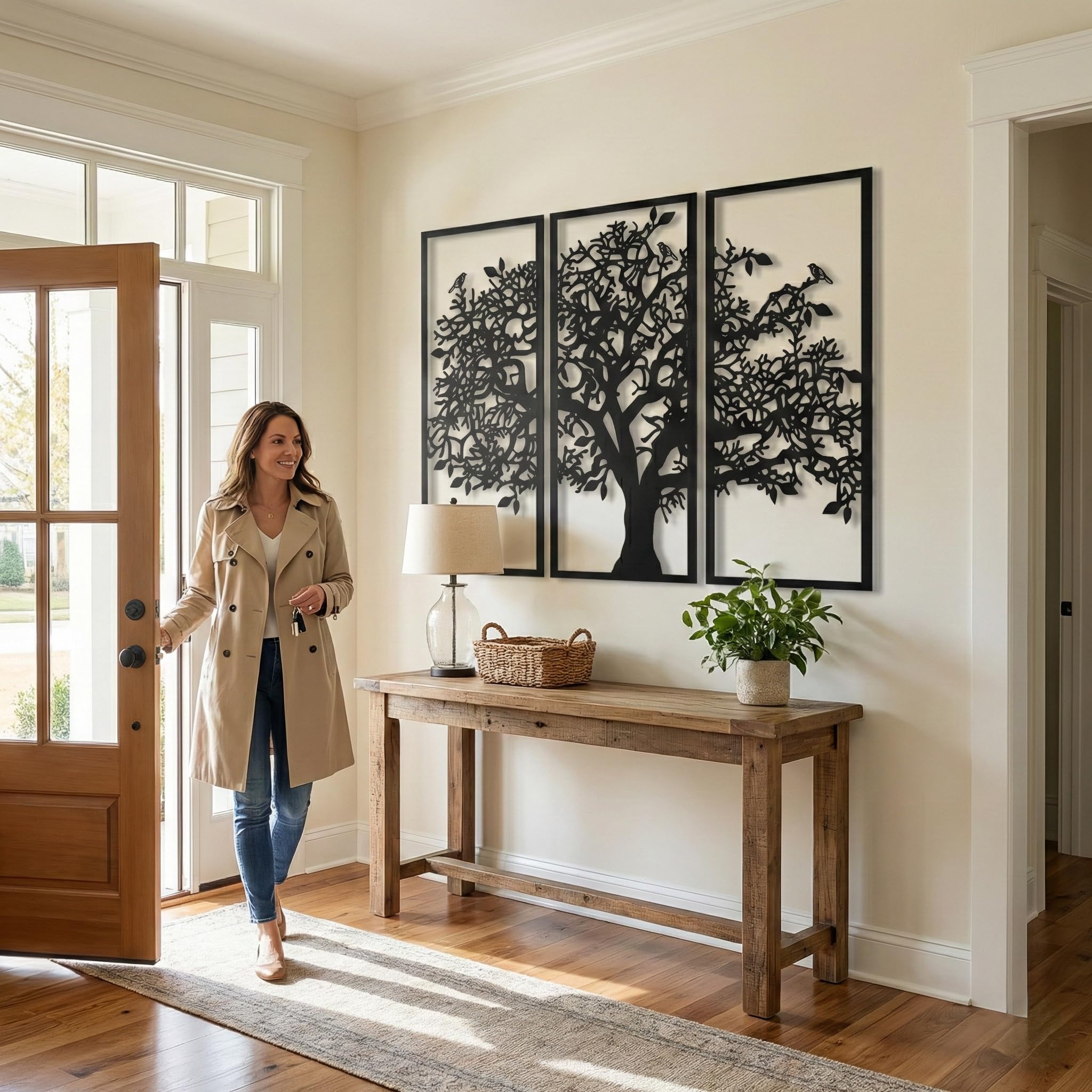 DEKADRON 3 Panels Familienstammbaum Metall Wanddekoration Baum des Lebens Wandkunst für Zuhause Schlafzimmer Wohnzimmer 76x51cm schwarz