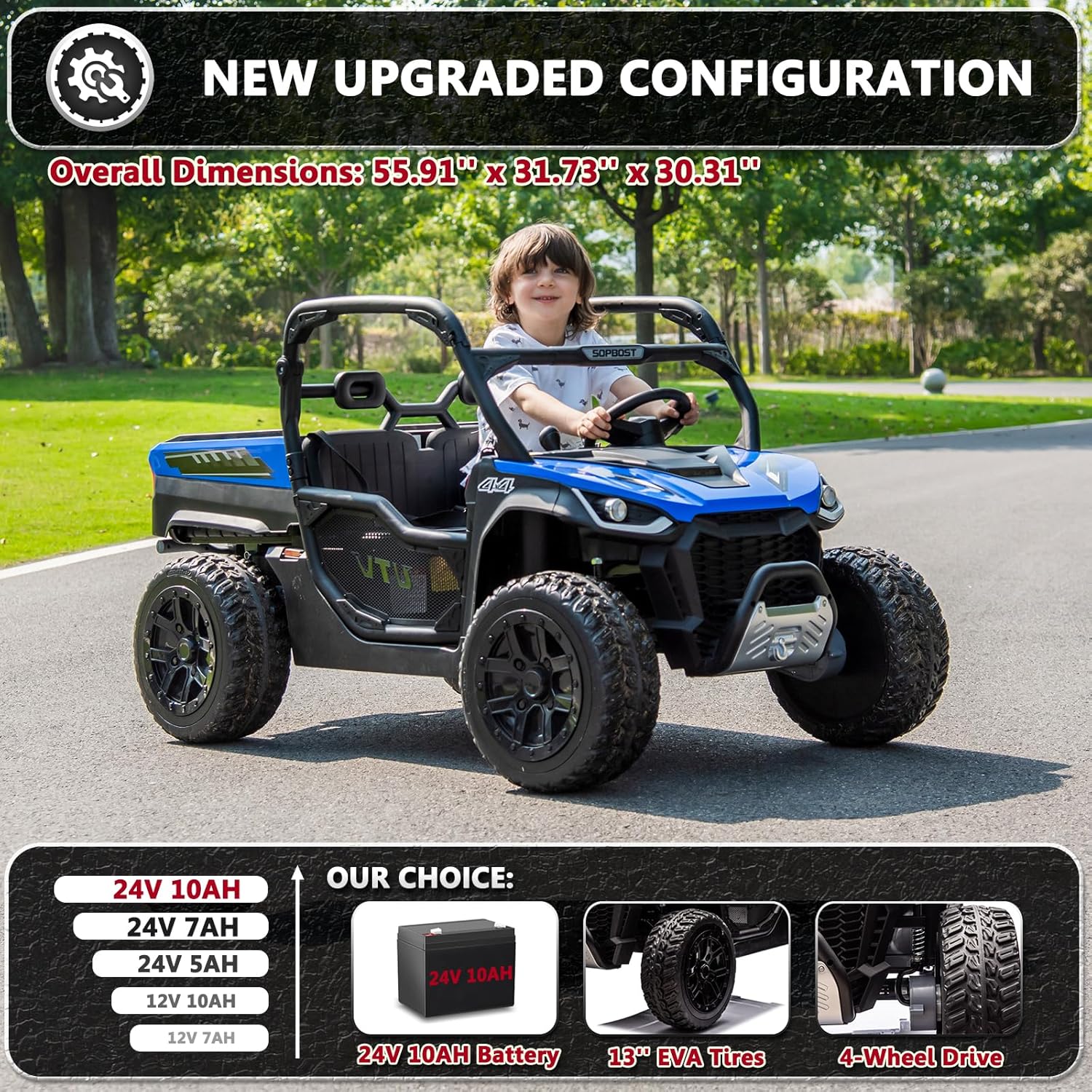 2 Seater 24V 10Ah Kids UTV Ride On Dump Truck with EVA Tires Ride on Toys for Big Kids with Remote Control 4WD Ride on Car Side by Side Truck with Electric Dump Bed, Shovel, Blue & Black