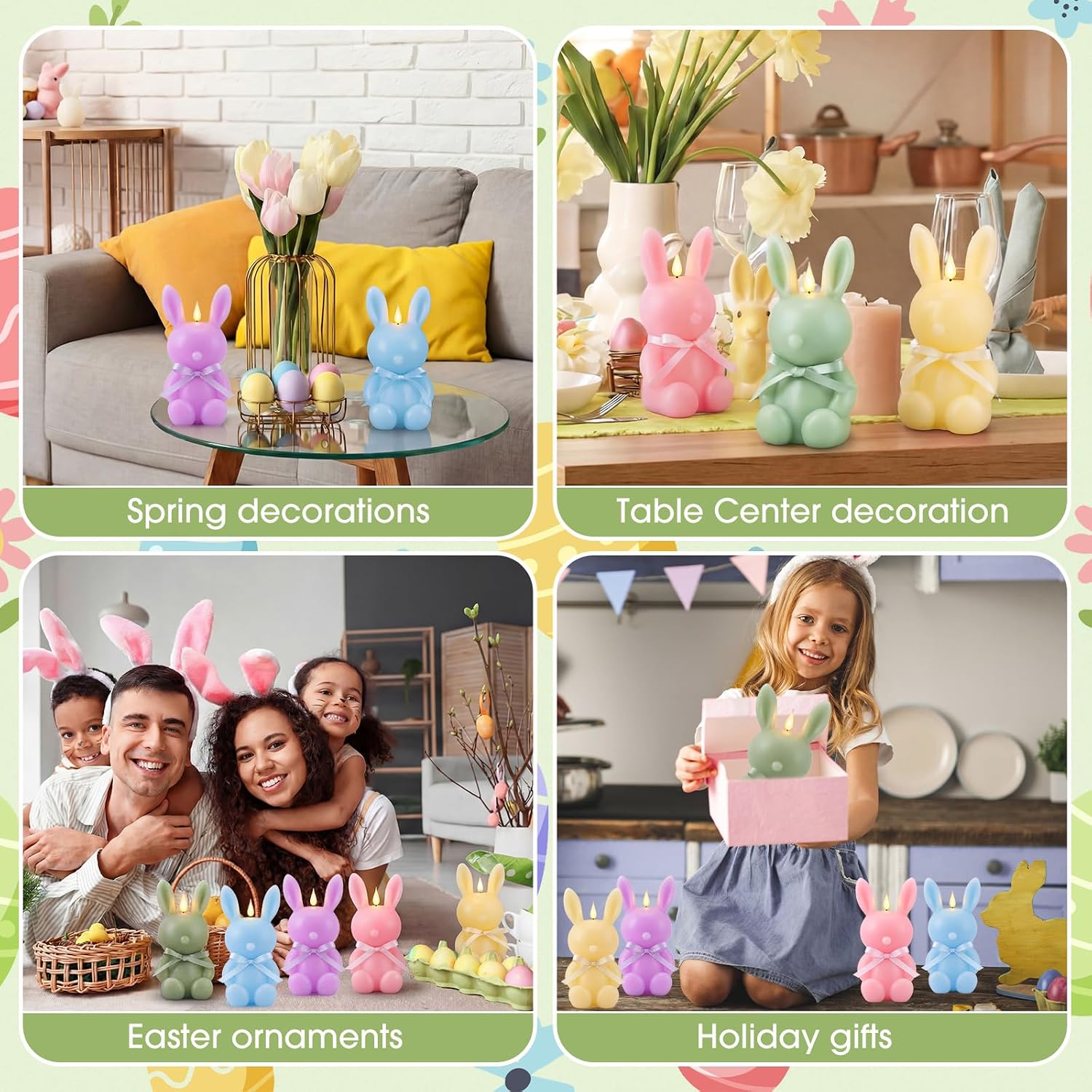 Baquler 5 Pcs Large Easter Bunny Led Flameless Candle 8 Inch Battery Operated Candles with Remote Real Wax Cute Rabbit Shape Candle with Bow 3D Flickering for Gift Home Party Decor (Spring Colors)