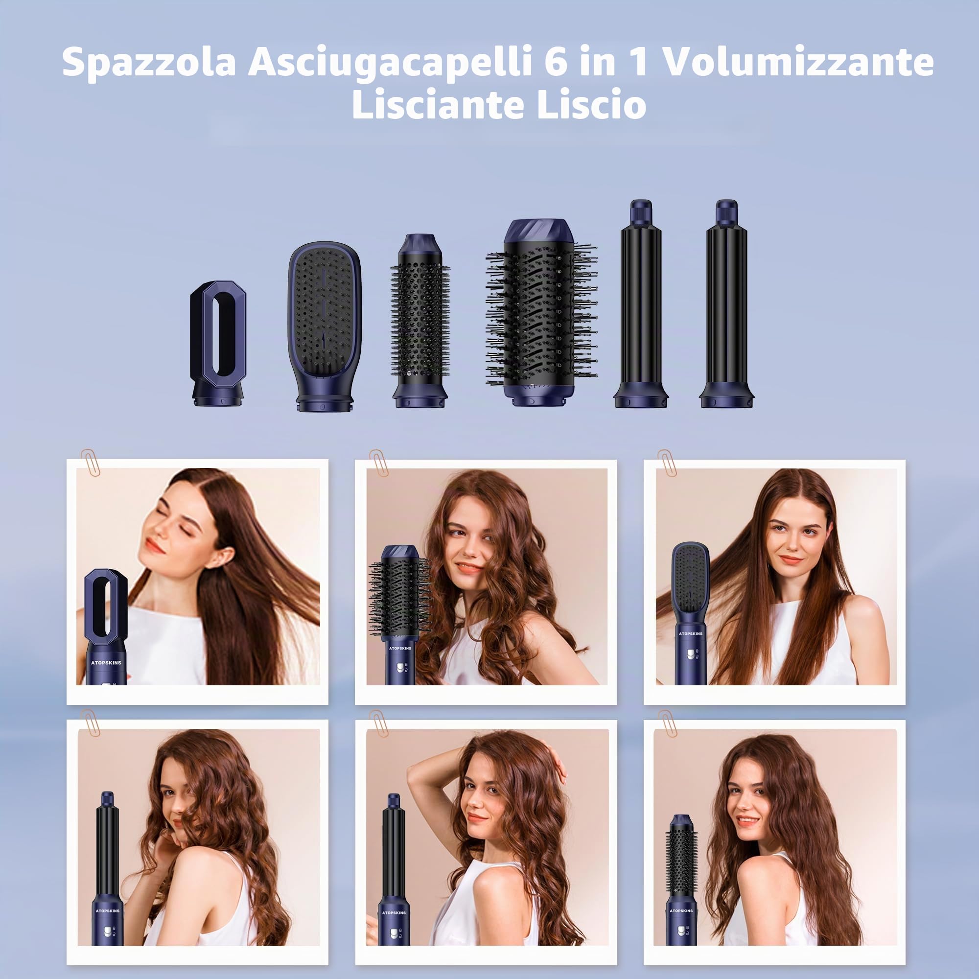 Atopskins Air styler 6 in 1 con asciugacapelli 1000 W, ferro arricciacapelli, spazzola ad aria calda, spazzola per asciugacapelli