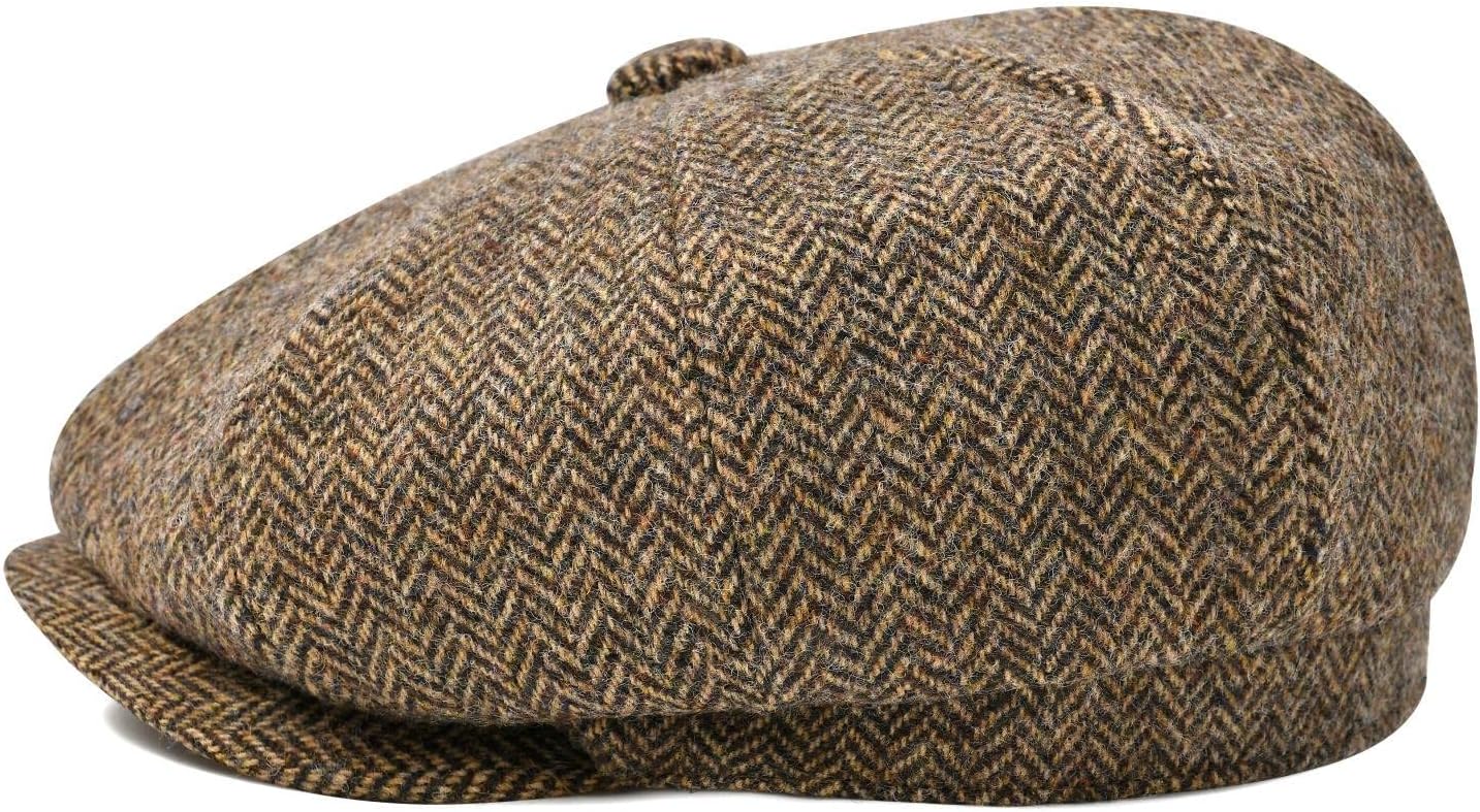 BOTVELA Men's 8 Panel Wool Blend Newsboy Flat Cap Herringbone Tweed Hat - Image 2