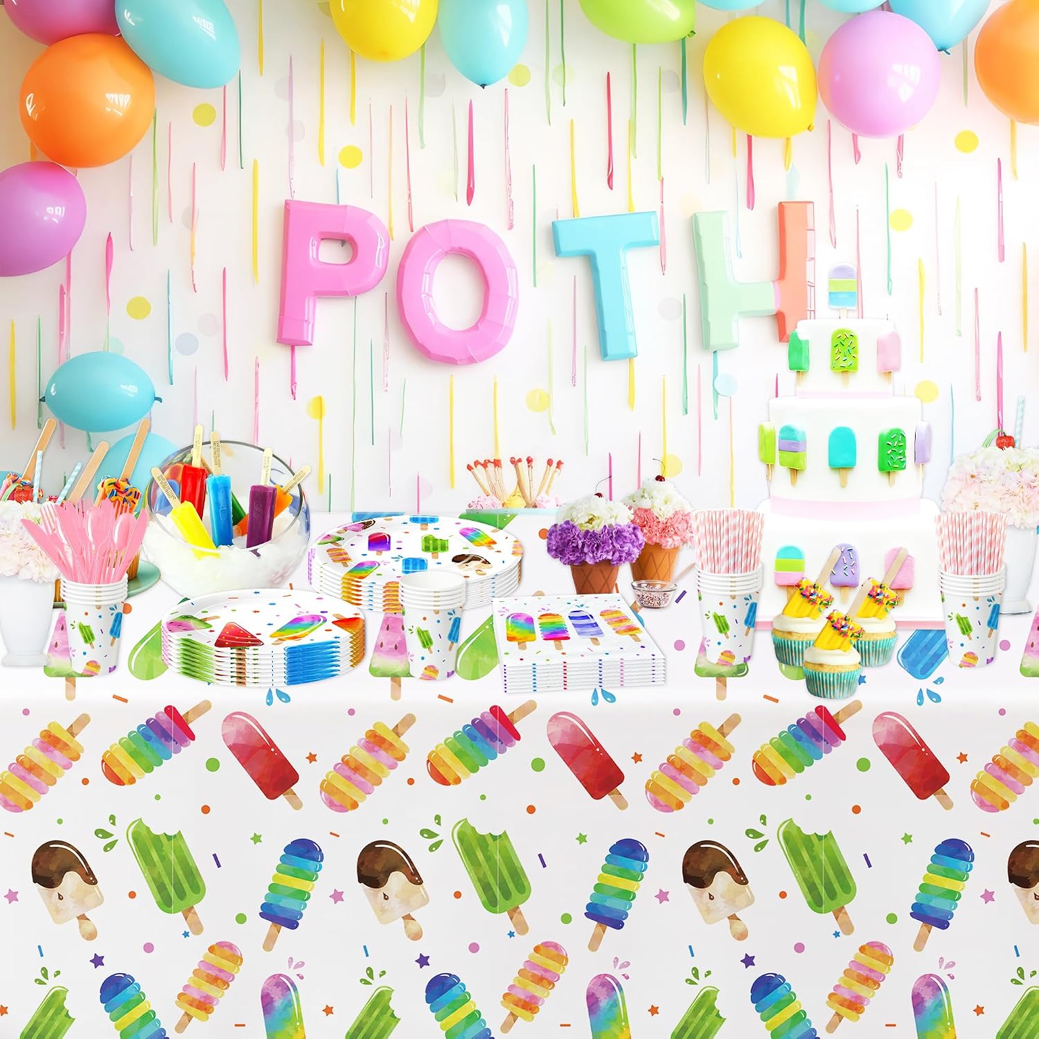 Popsicle Party Decorations Tableware, Summer Ice Cream Popsicle Birthday Baby Shower Party Supplies, Paper Plate, Cup, Napkin, Tablecloth, Cutlery, Serve 24