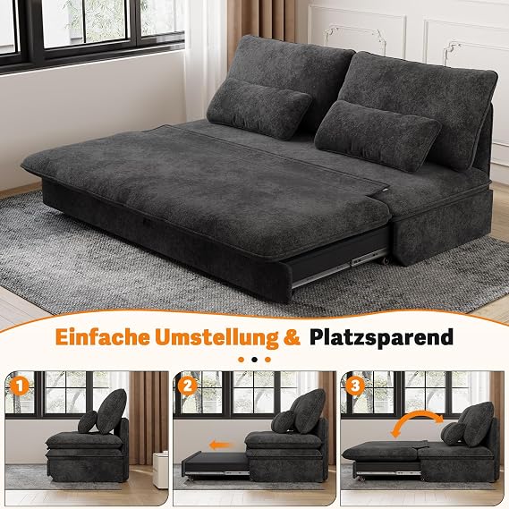Devoko Sofa with Sleep Function 190 x 157 cm Extendable Sofa Bed with Bed Box Small 2-Seater Chenille Couch Folding Sofa Sofa Bed with Storage Space for Home and Living Room Black Sleep function