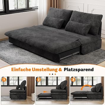 Devoko Sofa with Sleep Function 190 x 157 cm Extendable Sofa Bed with Bed Box Small 2-Seater Chenille Couch Folding Sofa Sofa Bed with Storage Space for Home and Living Room Black Sleep function