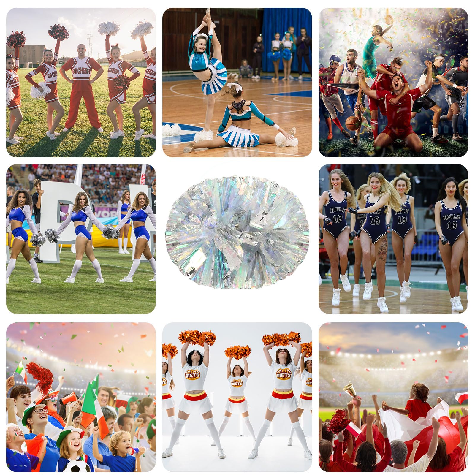 Pompon da cheerleading, 20 pezzi con manico, perfetti per tifo di squadra, giochi di spirito,Pompon ideali per gli appassionati (argento matematico)
