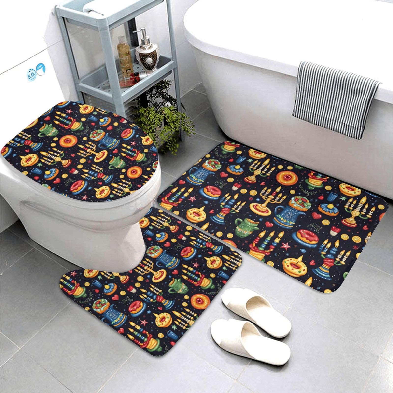 Tapis de salle de bain lot de 3 imprimé festival des lumières avec contour WC en U