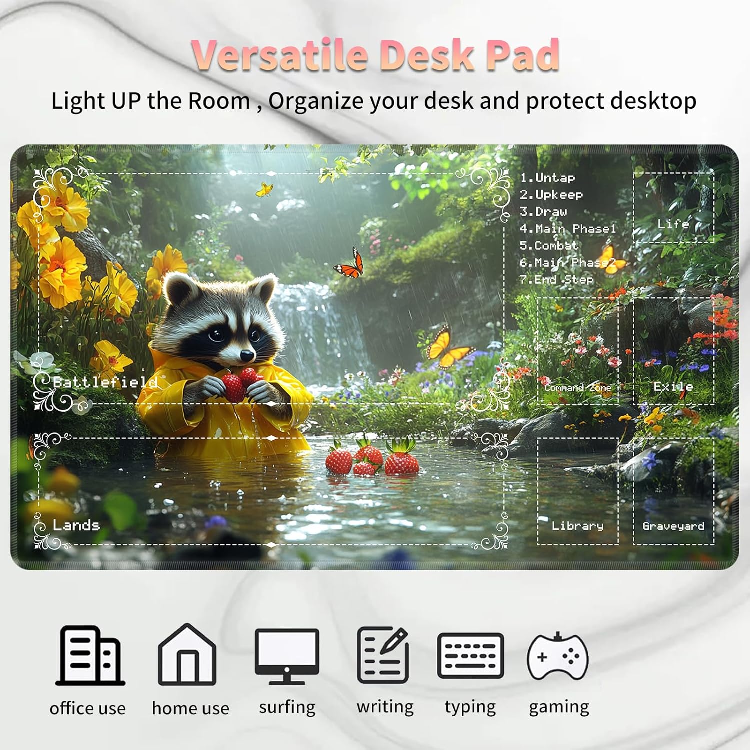 Playmat for MTG with Zones (2 Pack), Card Game Mat Non-Slip Rubber Base and Stitched, 24 x 14 inch TCG Play Mat for MTG and Other Card Games, Forest Raccoon