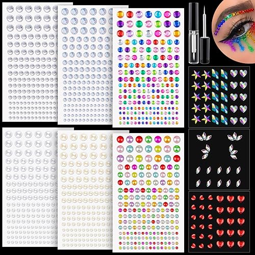 Juego de 9 hojas de diamantes de imitación para la cara y calcomanías de perlas, 1, gemas autoadhesivas de forma mixta de arco iris, con pegamento
