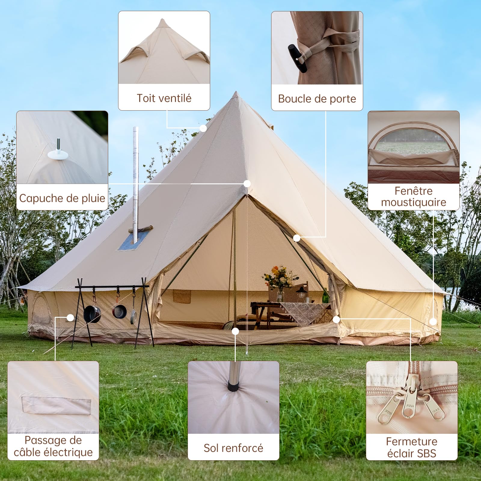 Oxford Tente cloche pour camping familial – yourte spacieuse de 5 m avec cric de poêle, grandes tentes glamping pour 6 à 8 personnes, abri extérieur 4 saisons